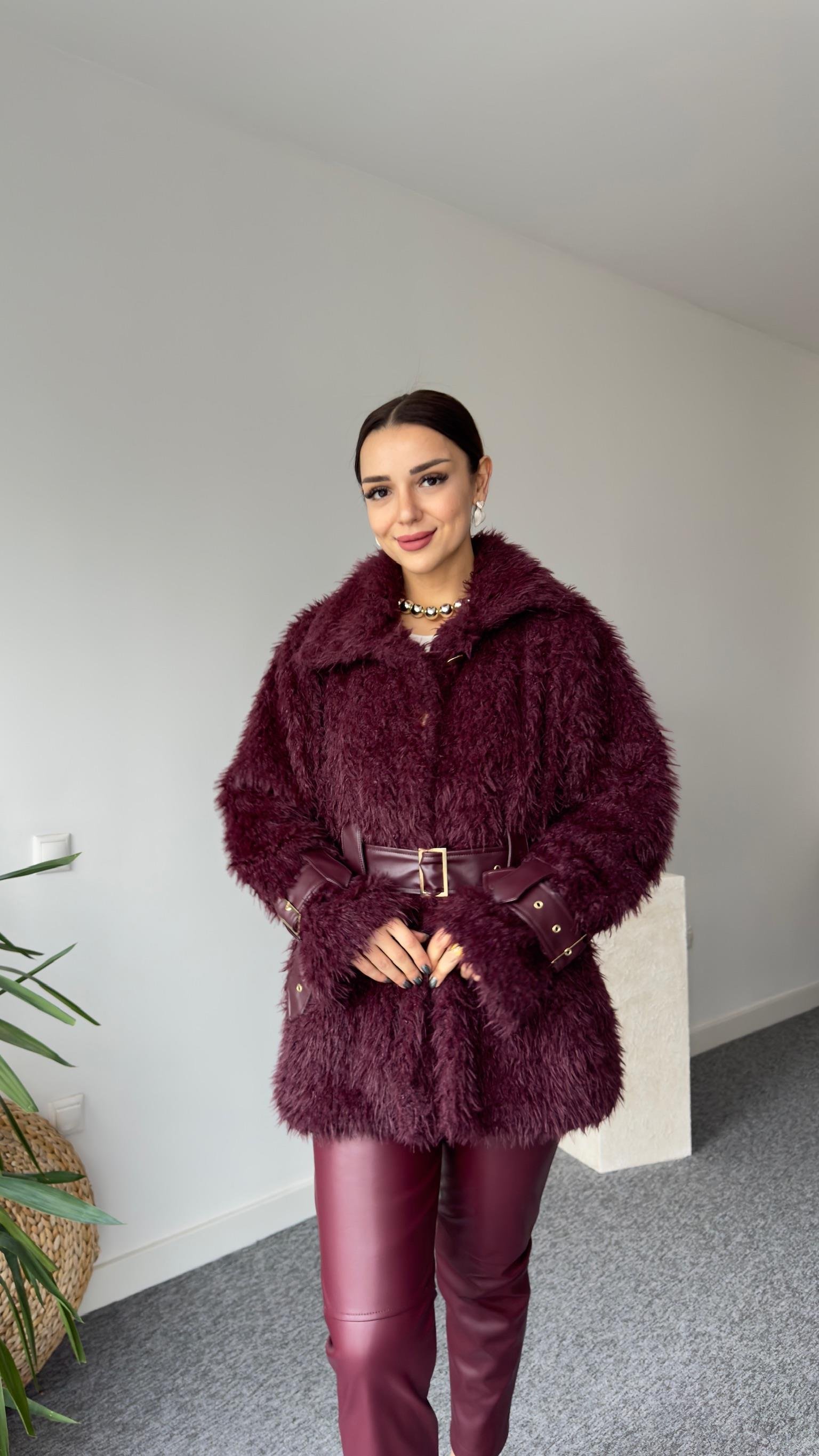 Premıum Deri Detaylı Bordo Peluş Mont (Ön Sipariş Ürünü)