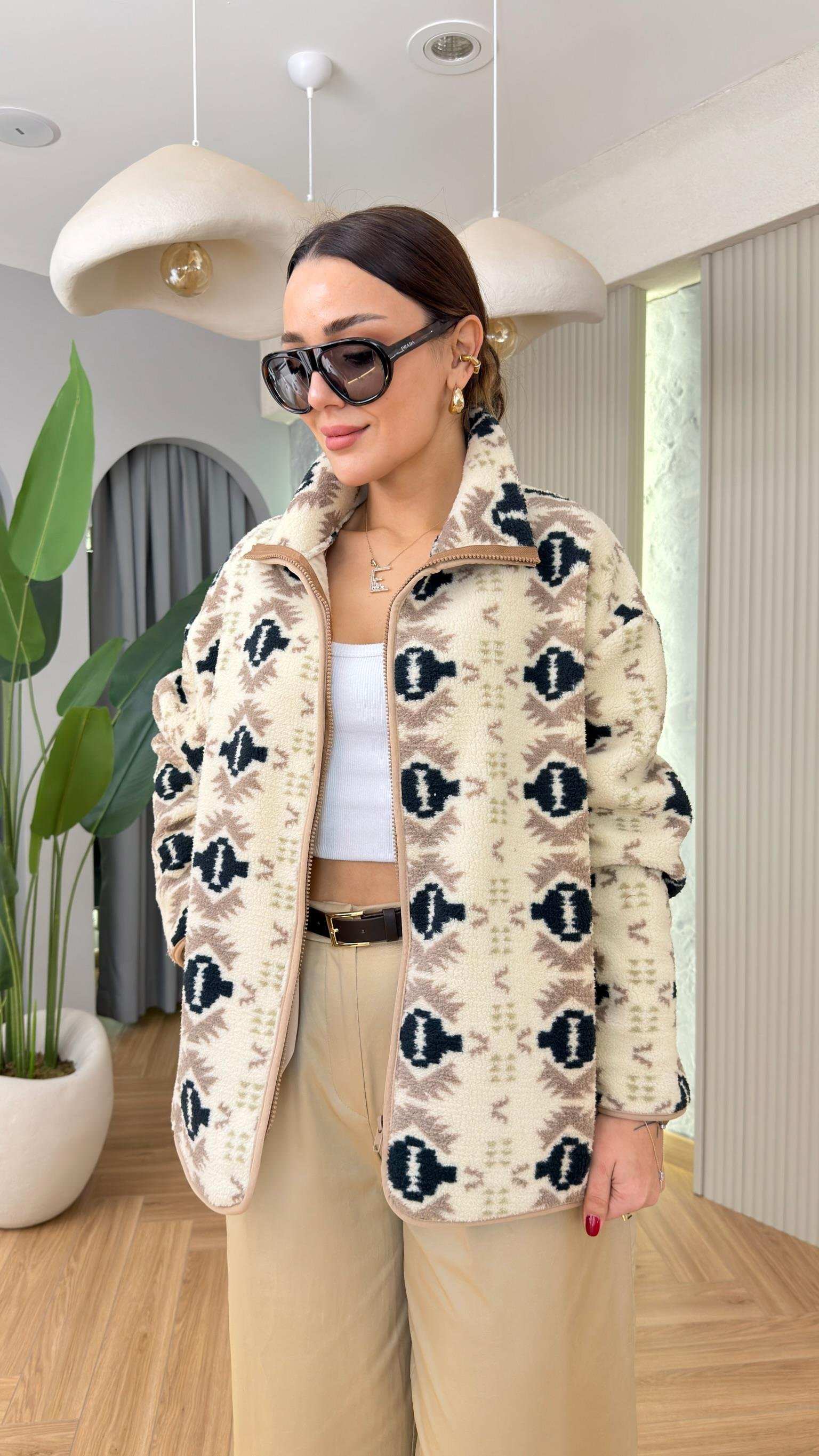 Mojno Bej Siyah Renk Geçişli Oversize Fermuarlı Peluş Sweat