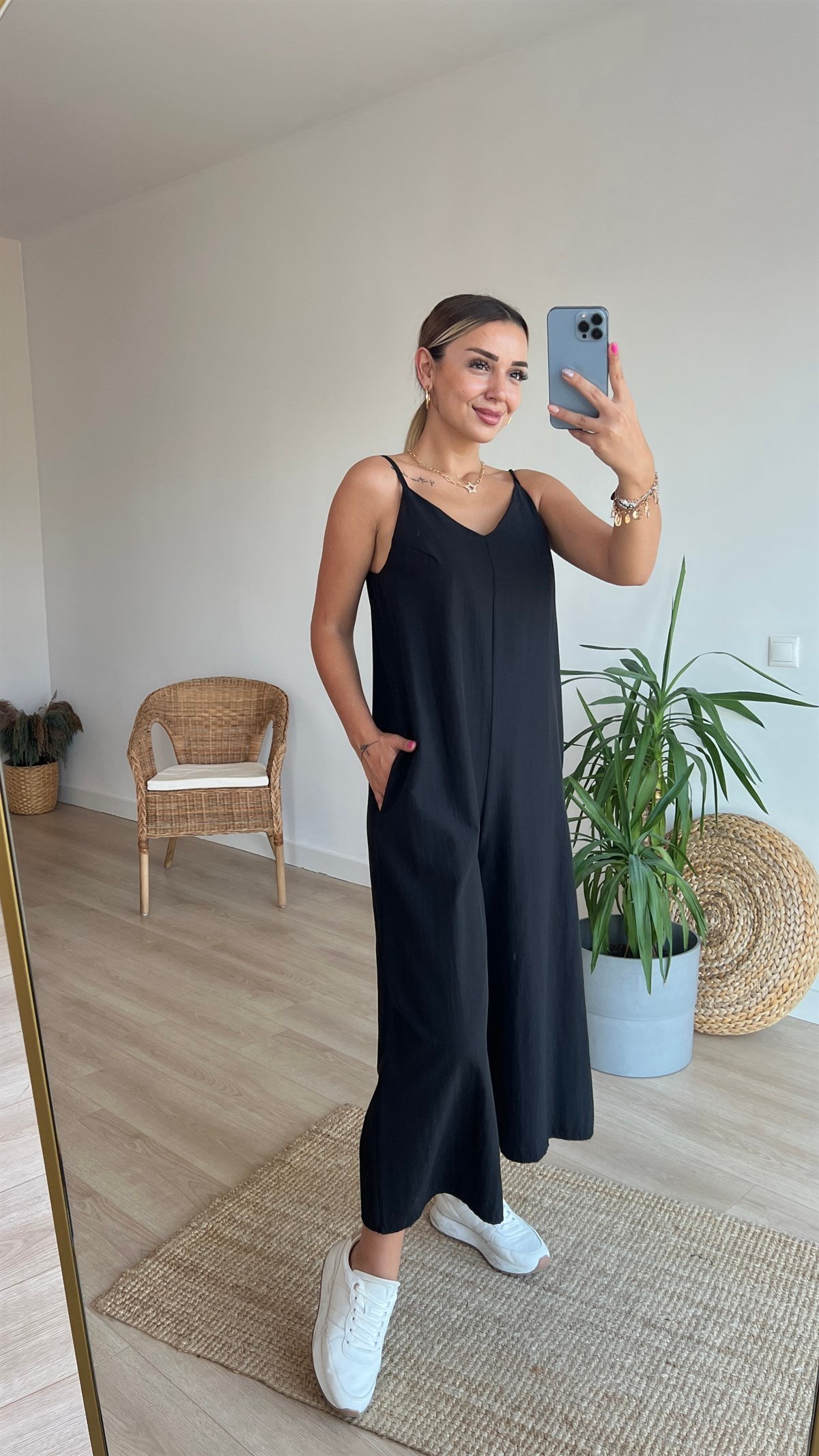 Askılı Siyah Poplin Tulum