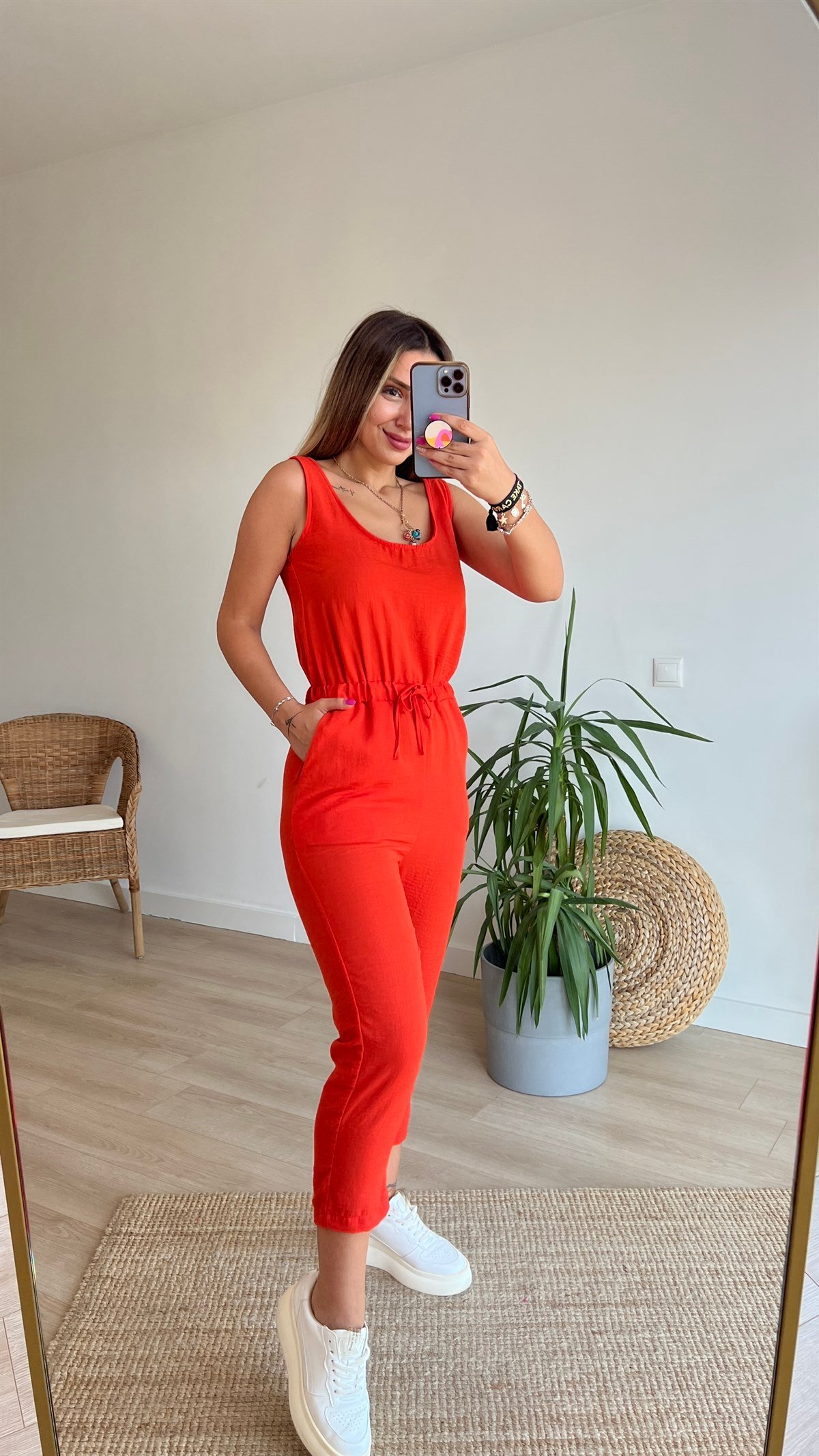Beli Lastikli Turuncu Kolsuz Tulum