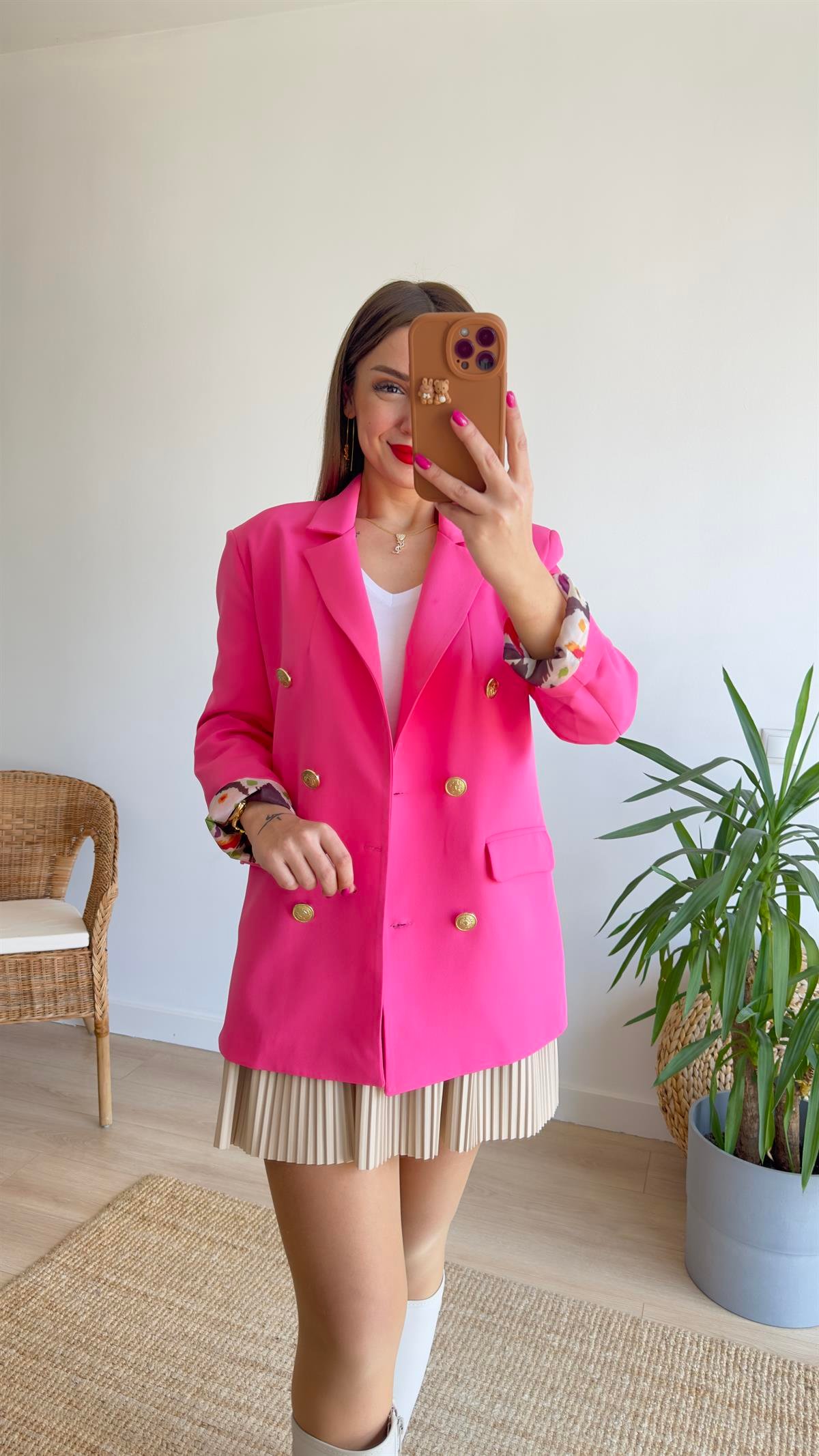 Renkli Astarlı Fuşya Blazer Ceket