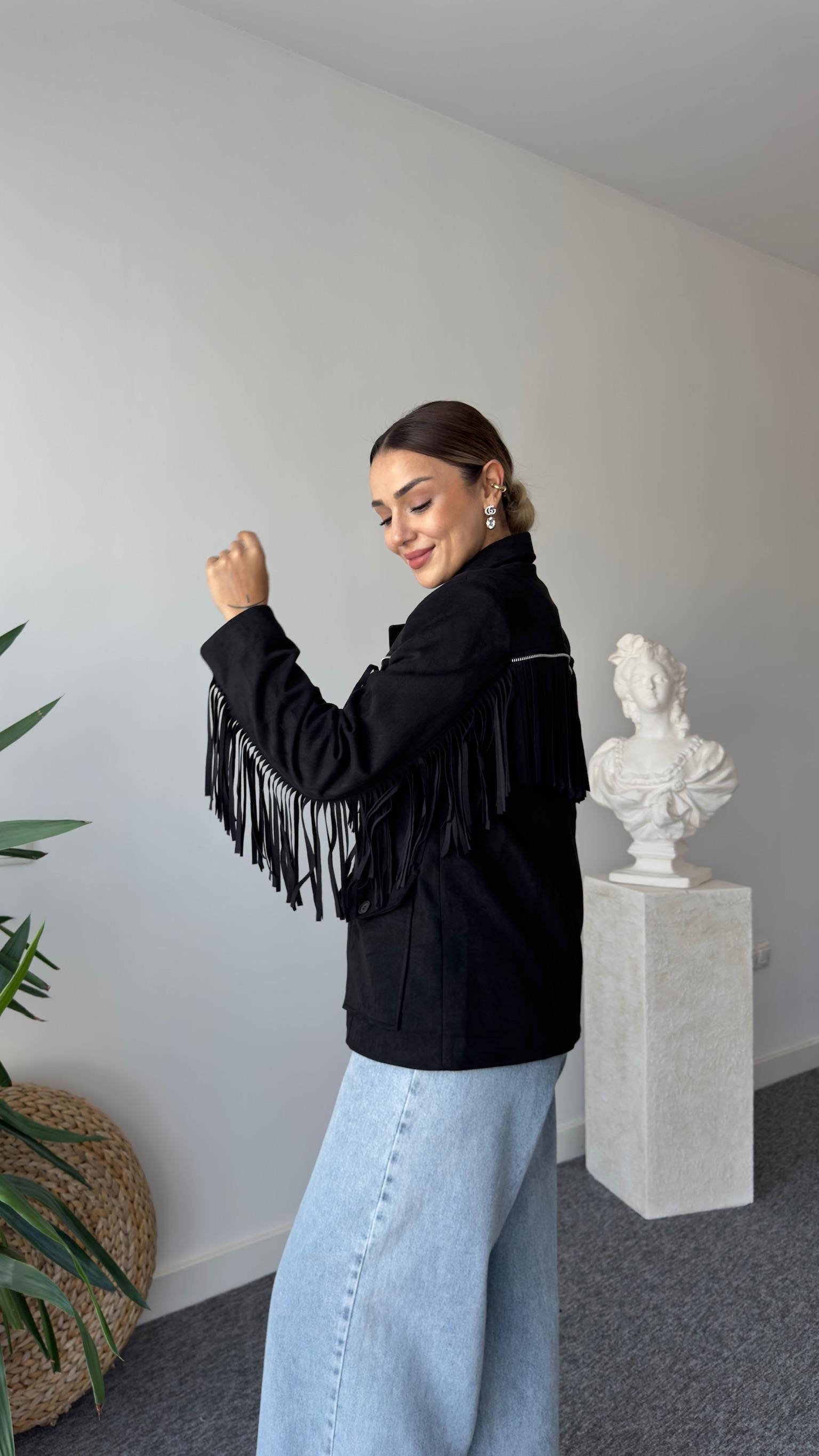 Henko Püsküllü Siyah Süet Ceket