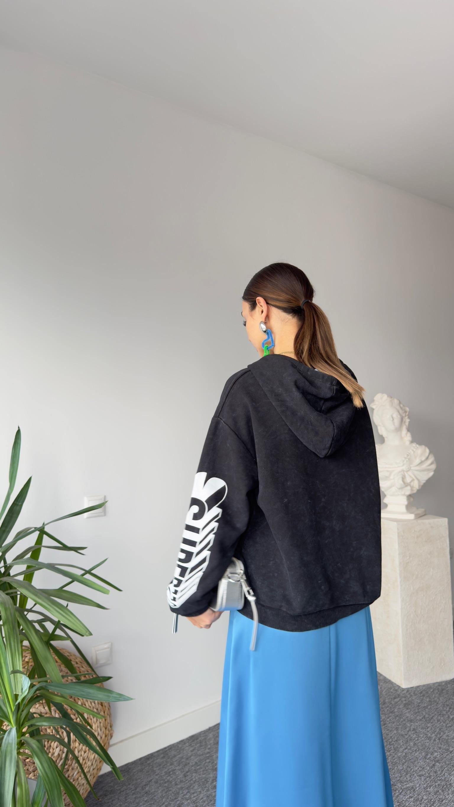 Mavi Nakış Yazılı Yıkamalı Sweatshirt