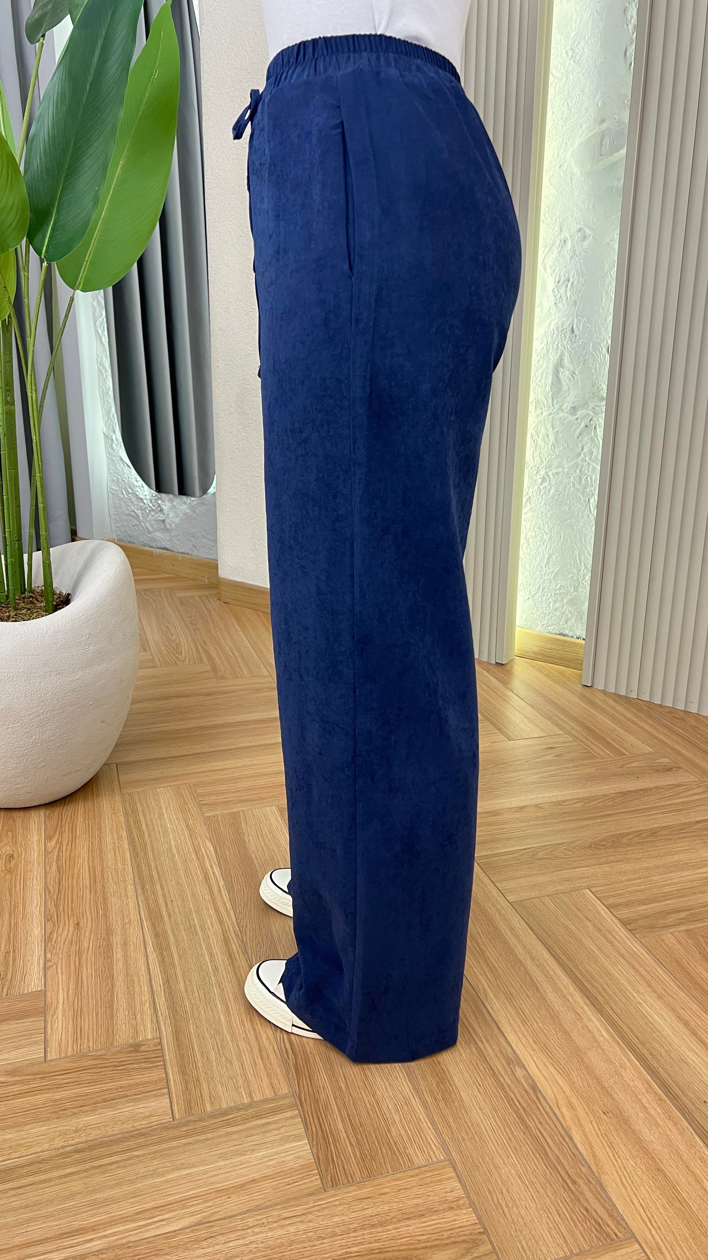 Lacivert Mois Dokulu Bol Paça Pantolon