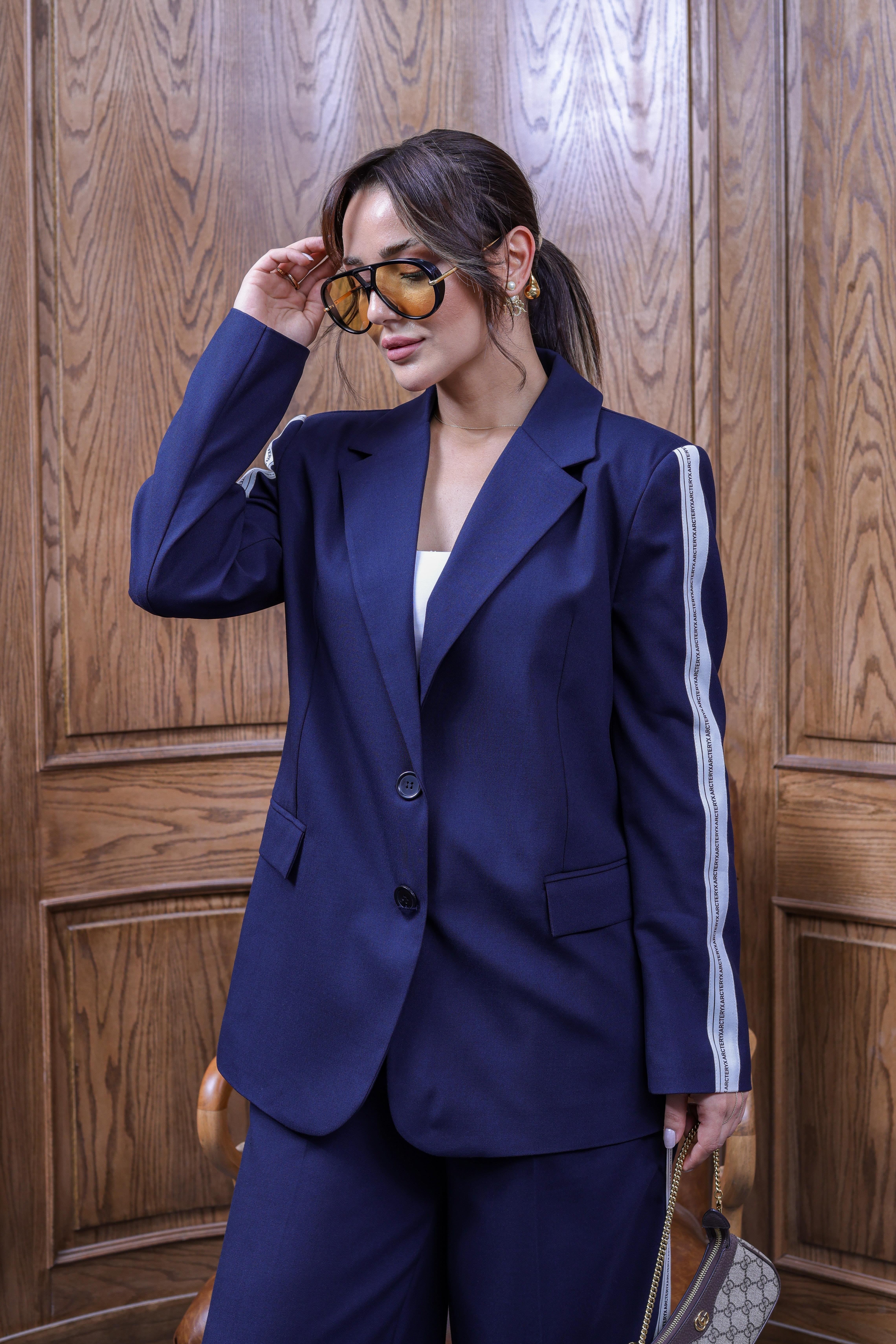 Lacivert Silya Şerit Detaylı Blazer Pantolon Takım