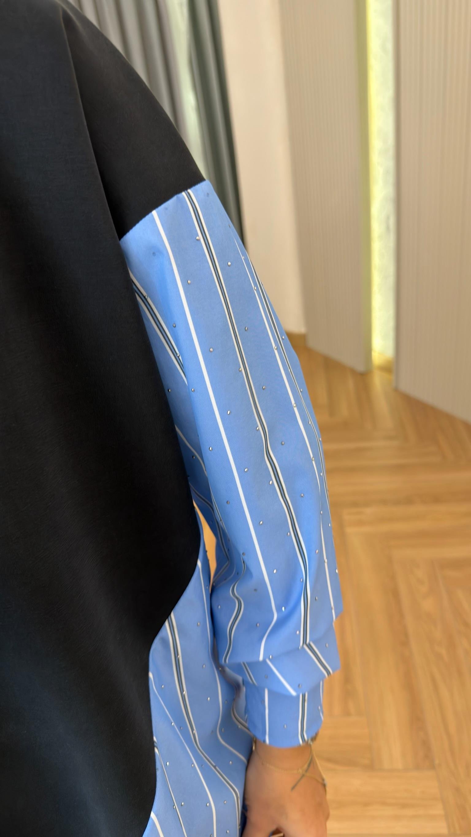 Mavi Taşlı Poplin Garnili Modal Takım