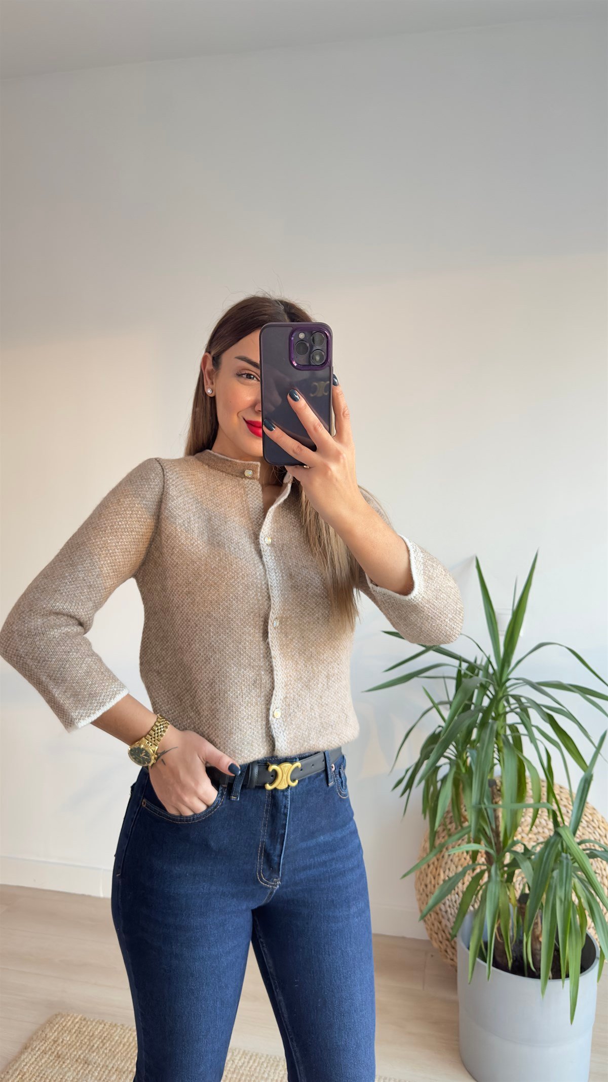 Orijinal Marka Taş Düğmeli Kapri Kol Hırka 