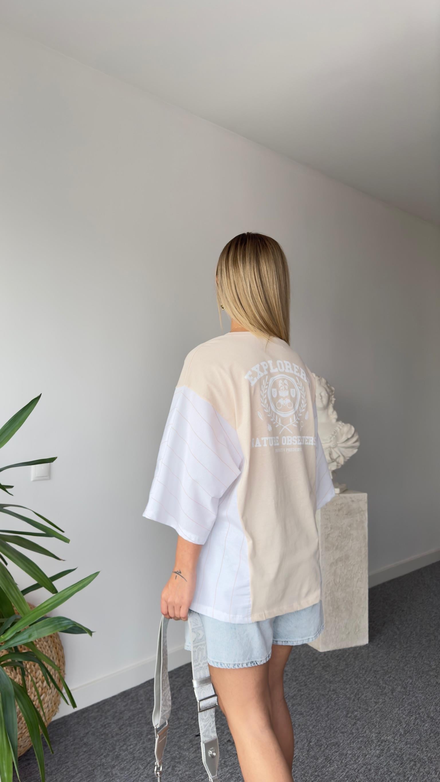 Çizgili Gömlek Garnili Bej Tshirt