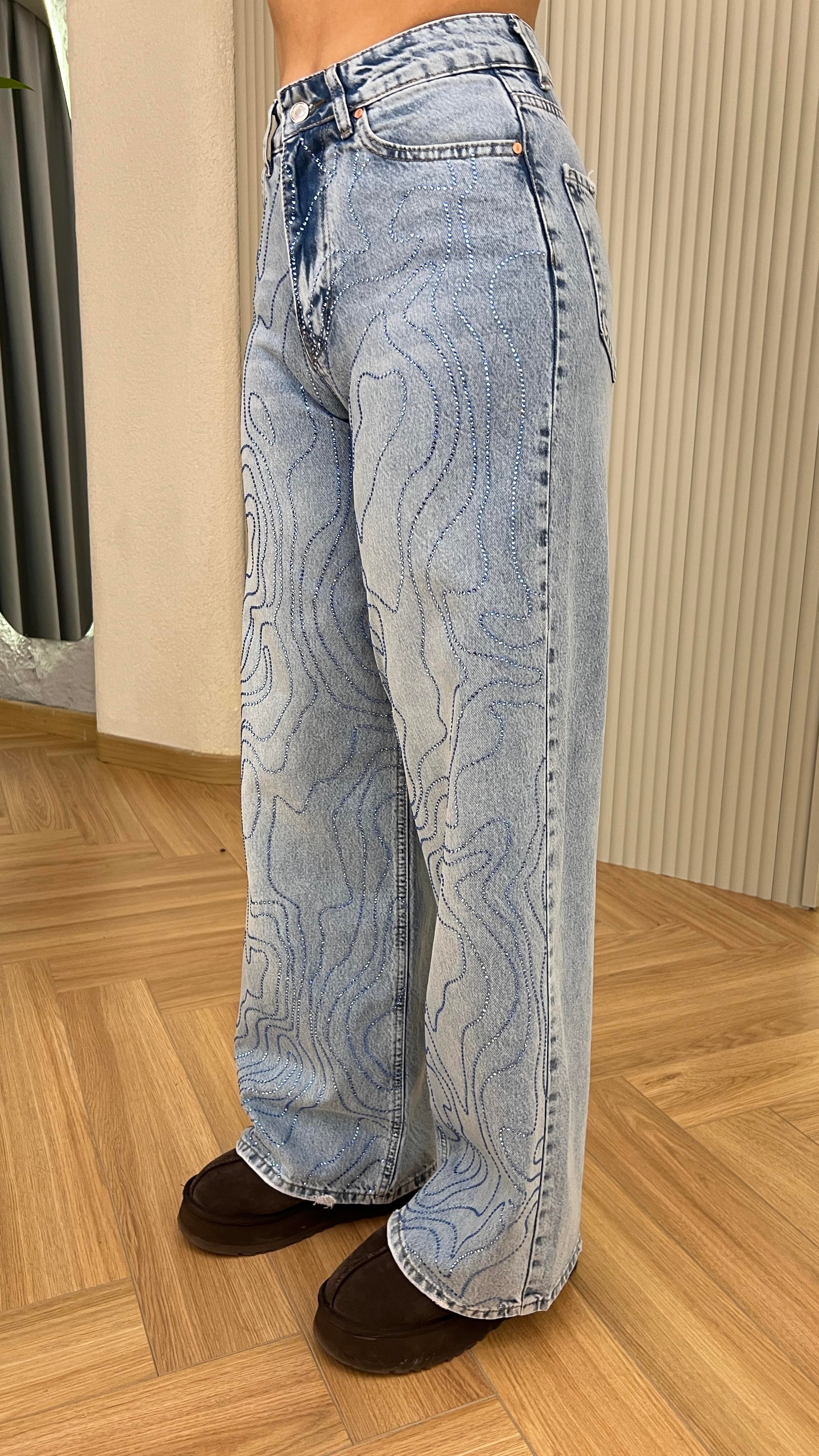 Saggy Önü Taşlı Yüksek Bel Jean
