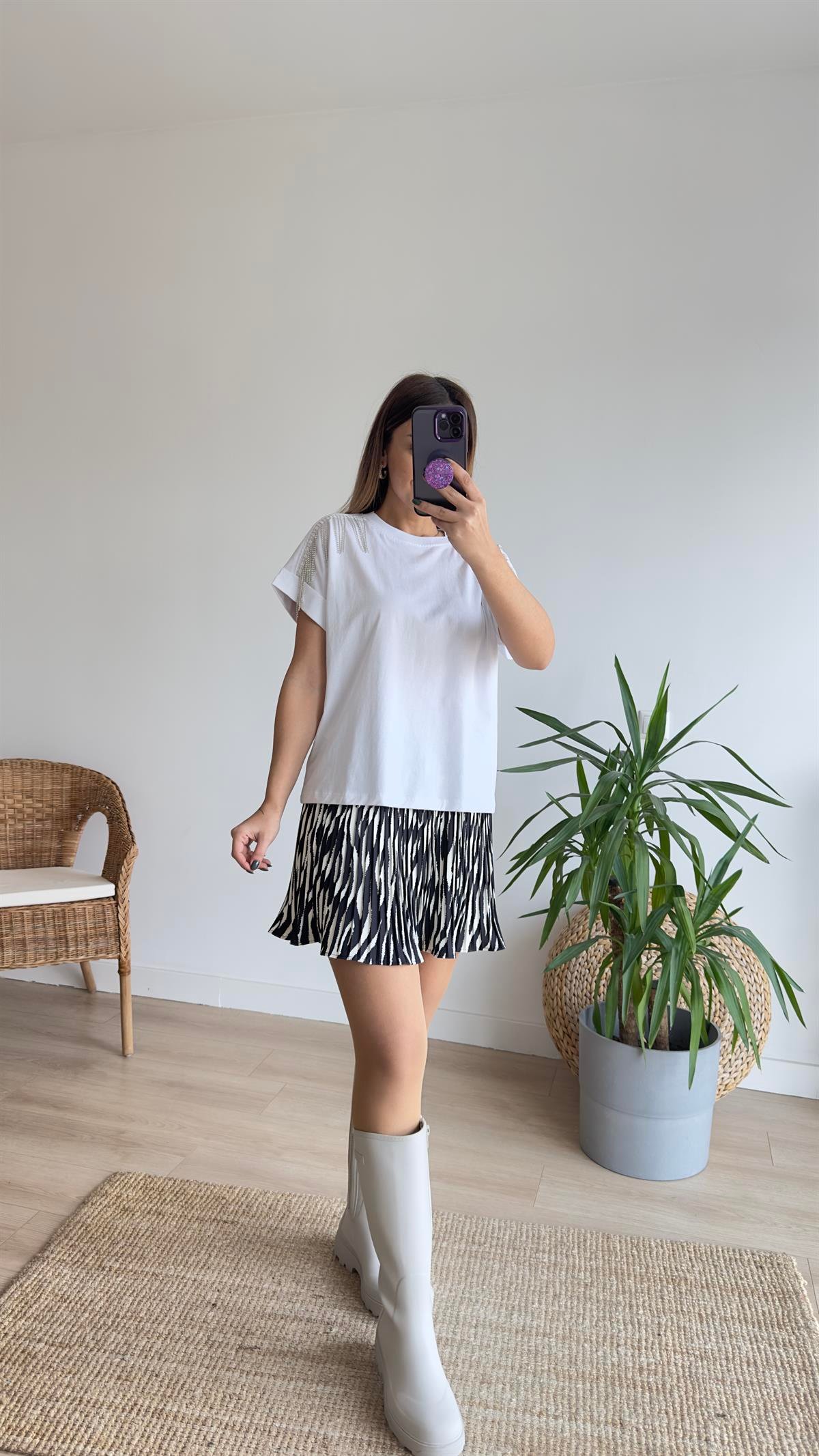 Duble Kol Taşlı Beyaz Tshirt