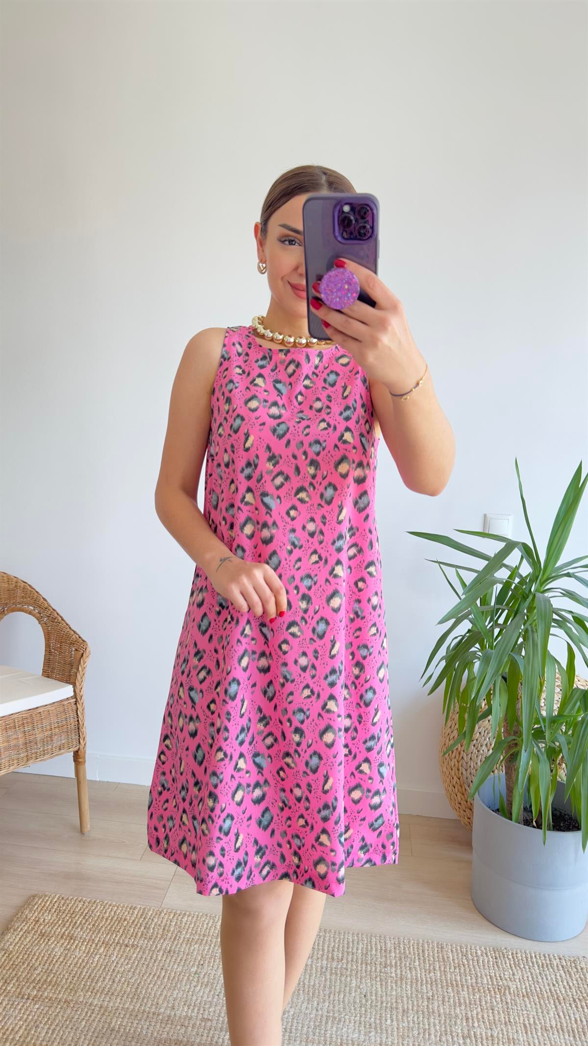 Rovena Leopar Desenli Pembe Elbise 