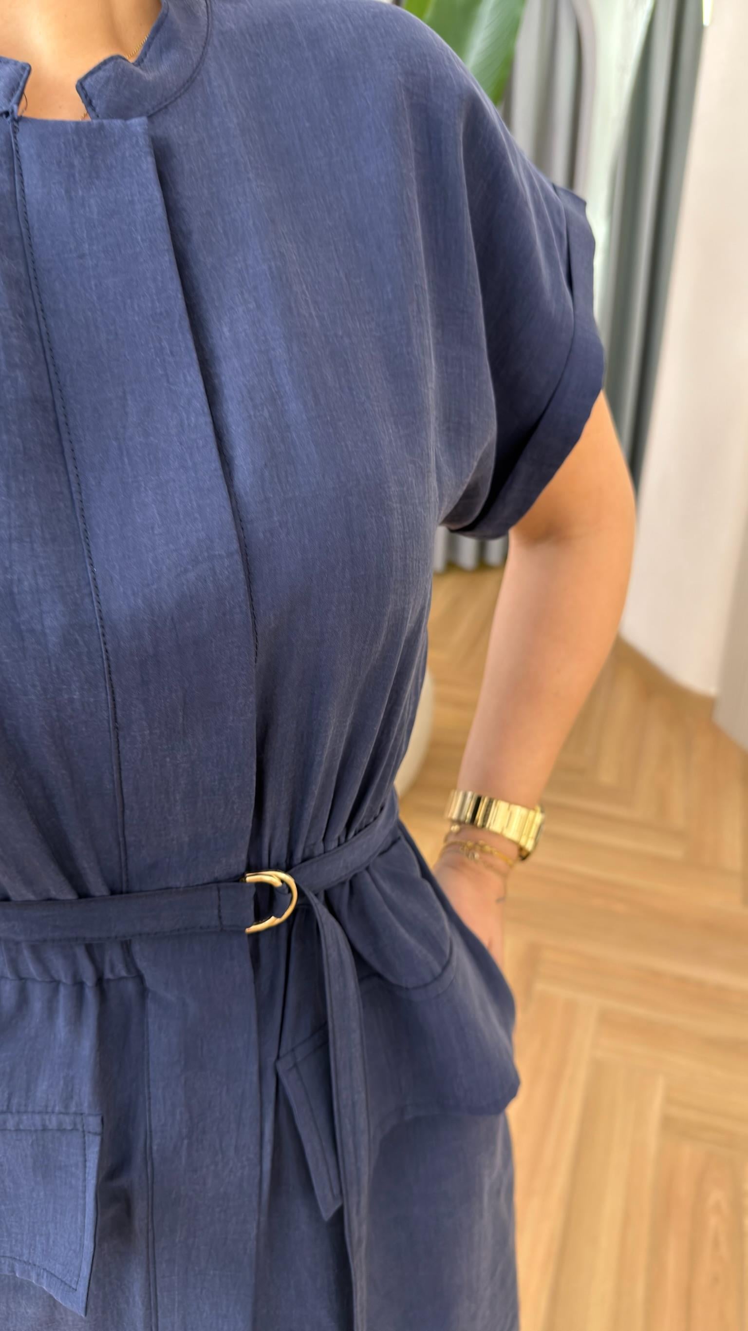 Lacivert Luvira İnce Kuşaklı Orj Model Tensel Elbise 