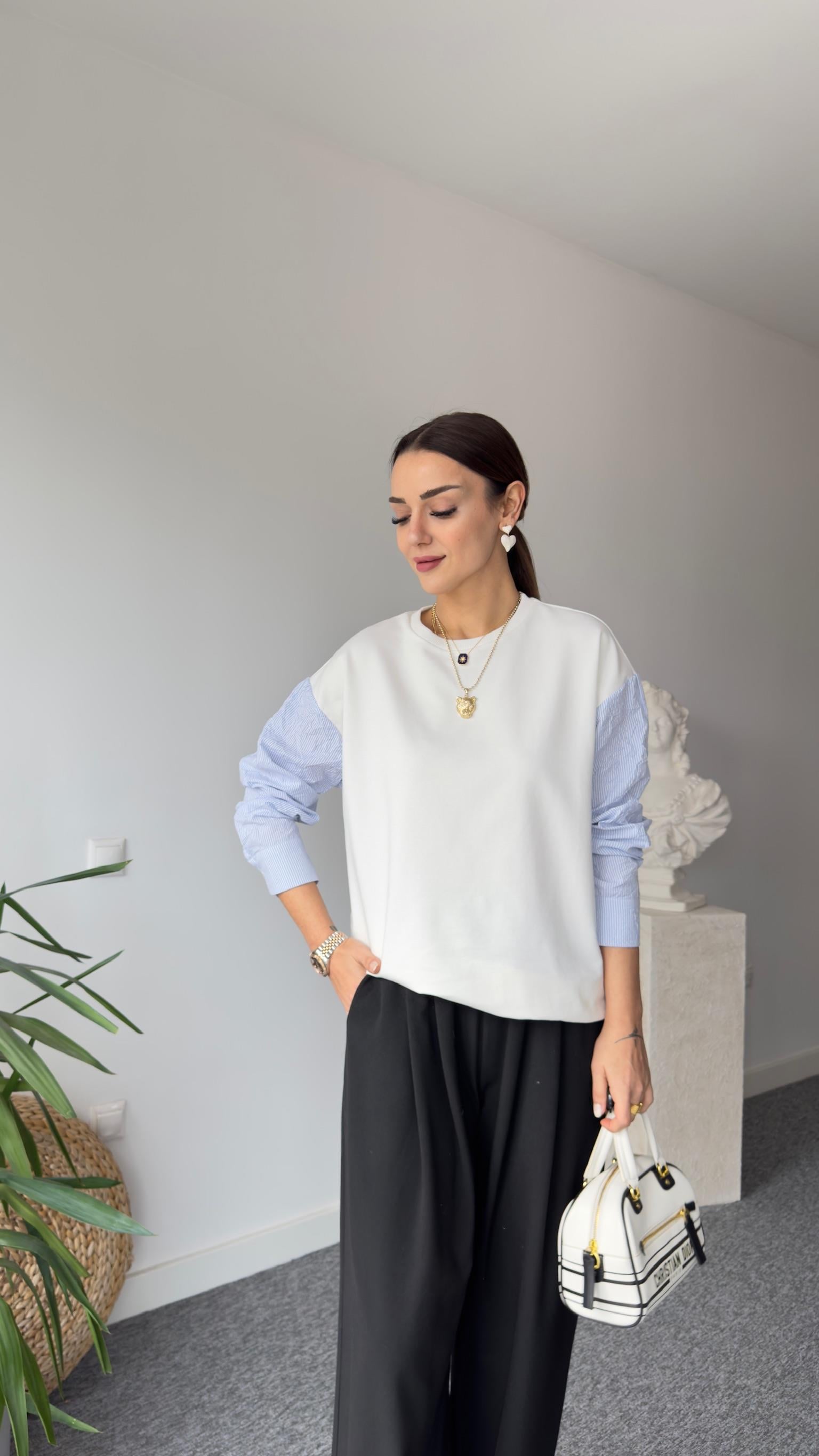 Luzi Çizgili Poplin Garnili Beyaz Sweat