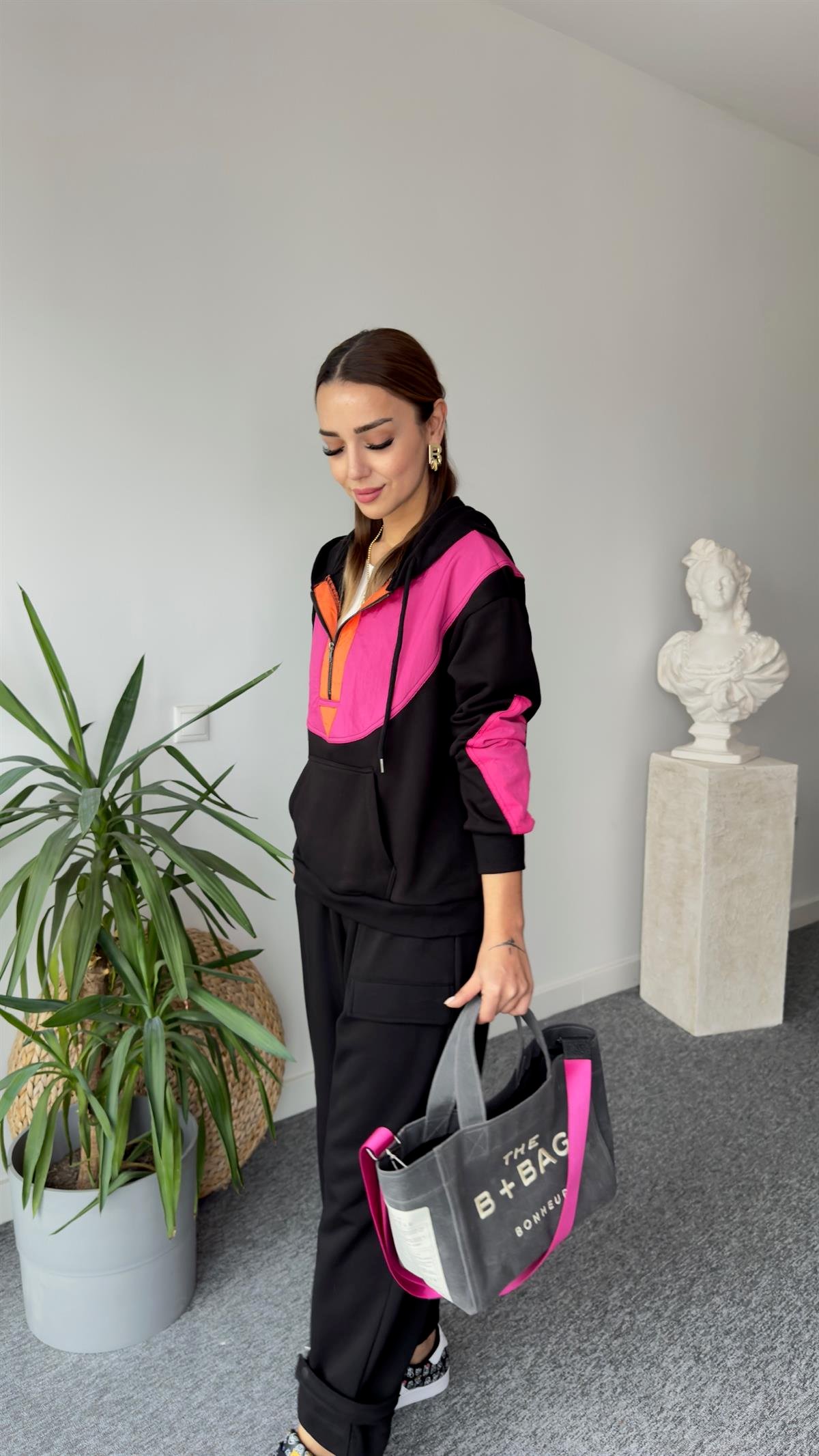 Flat Yarım Fermuar Fuşya Detay Sweat