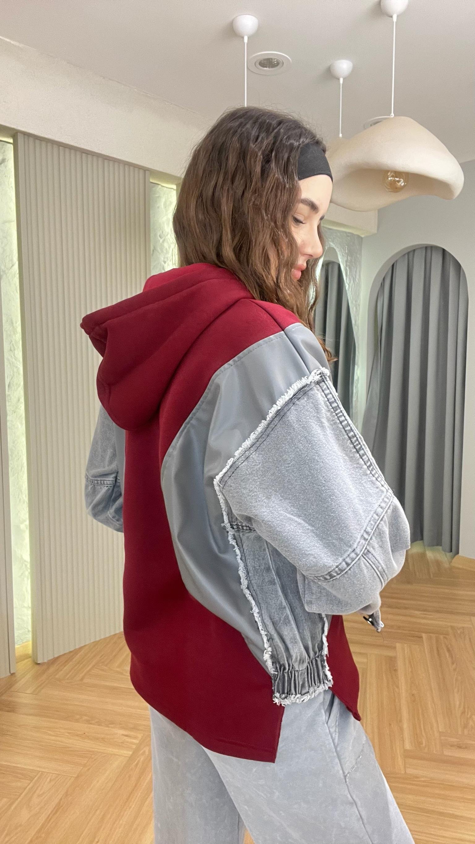 Bordo Kot Ve Deri Garnili Kapüşonlu Sweatshirt