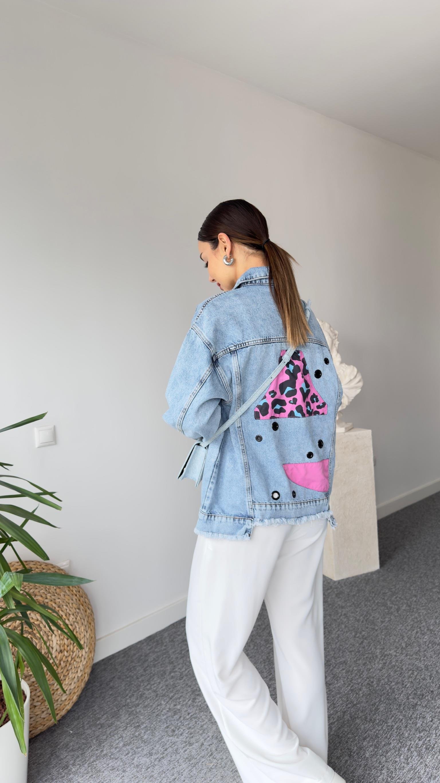Lera Pembe Leopar Detaylı Tasarım Jean Ceket