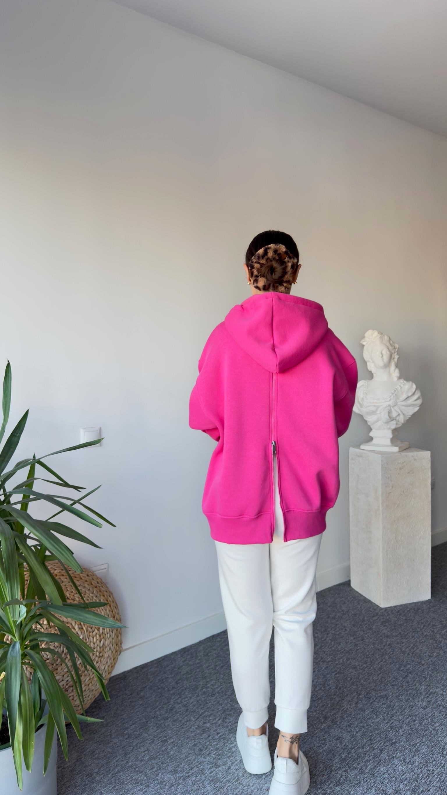 Sırt Fermuarlı Kapüşonlu Pembe Sweatshirt