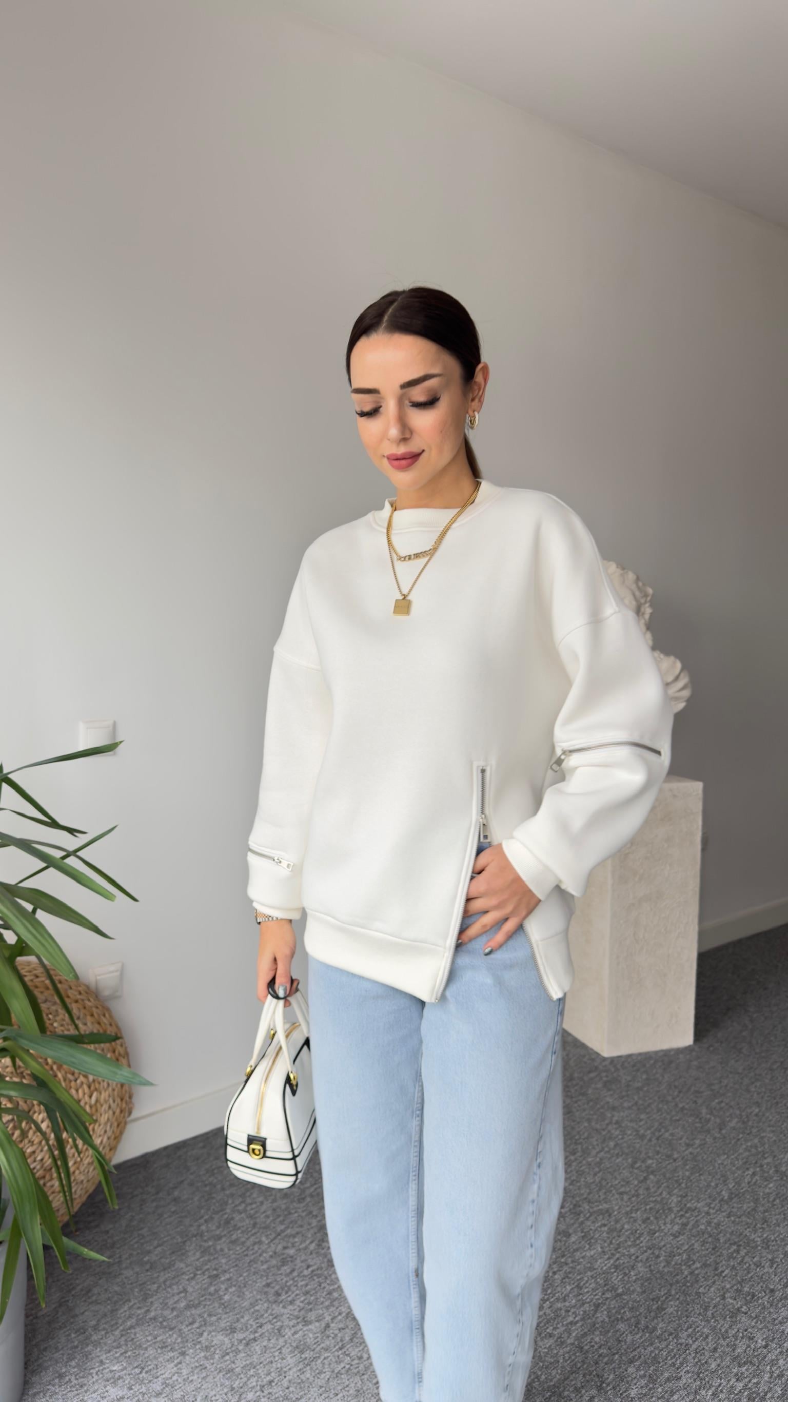 Legra Fermuar Detaylı Beyaz Sweatshirt