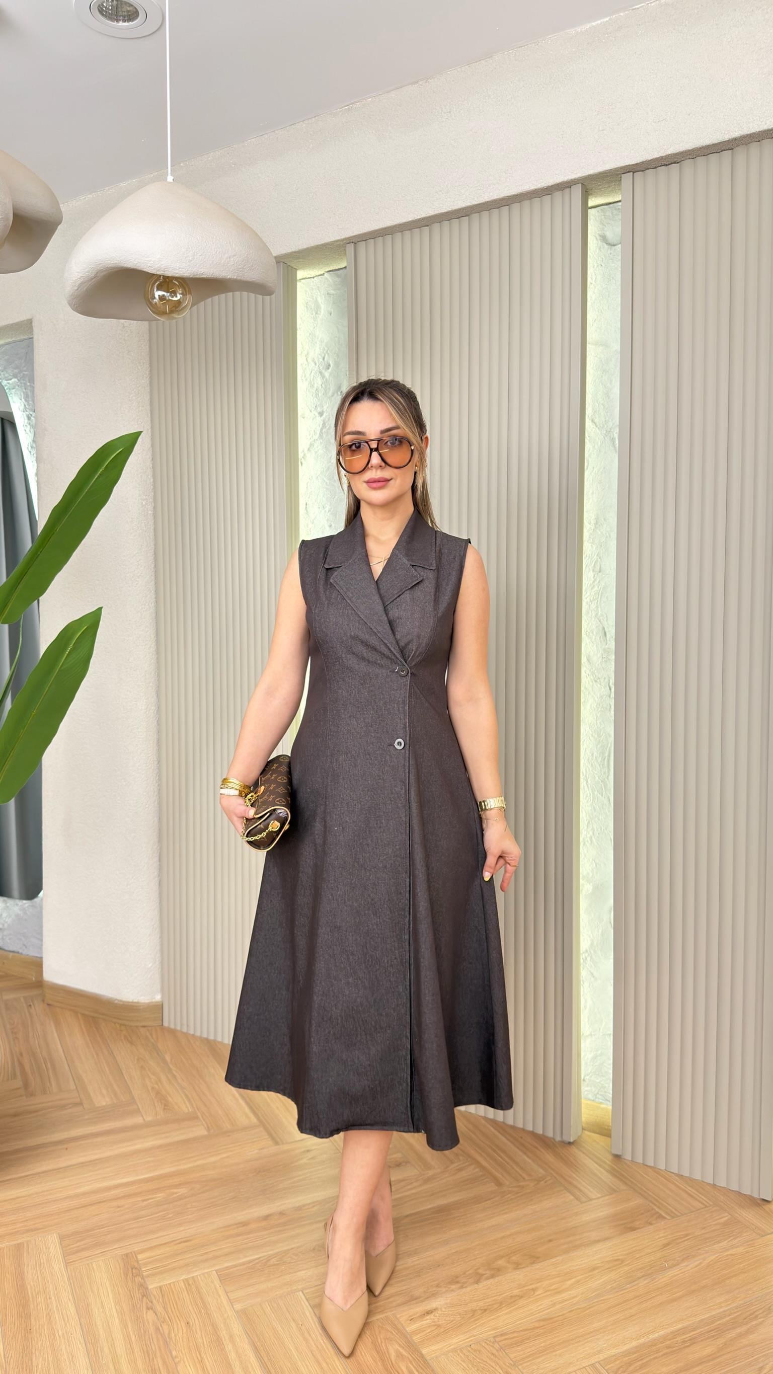 Kahve Kruvaze Likralı Kot Elbise 