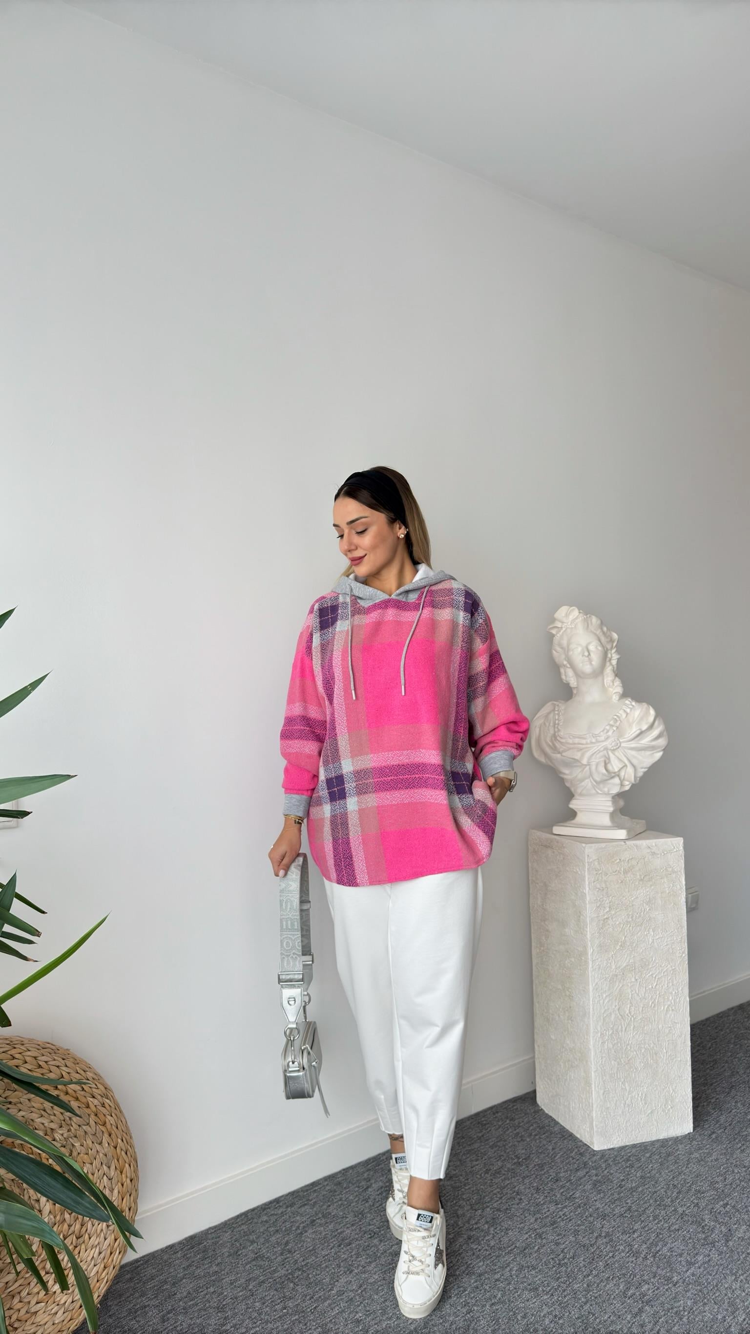 Pembe Ekose Geçişli Kapüşonlu Sweat