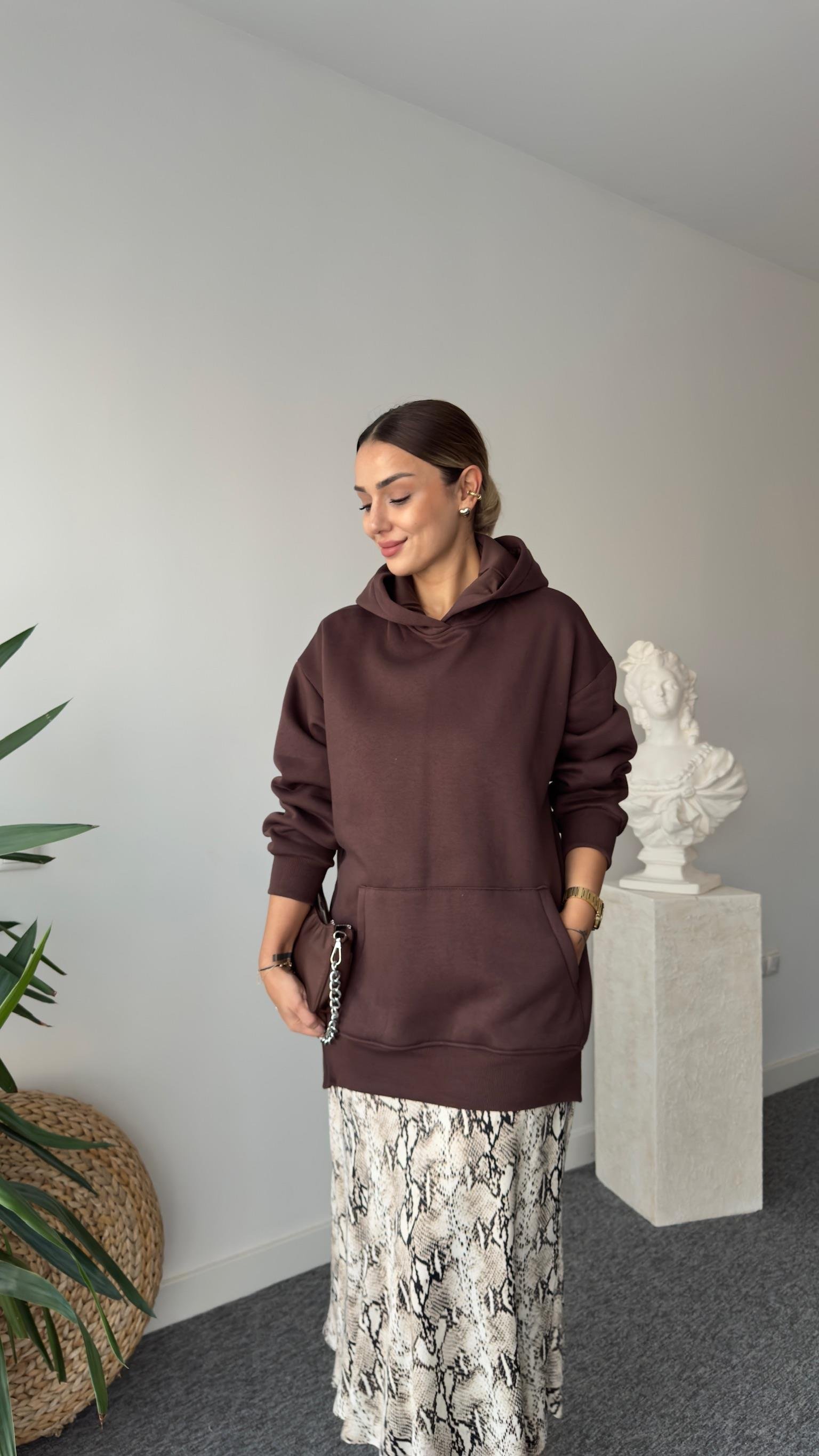 Fendy Yanlar Fermuarlı Salaş Kahve Sweatshirt