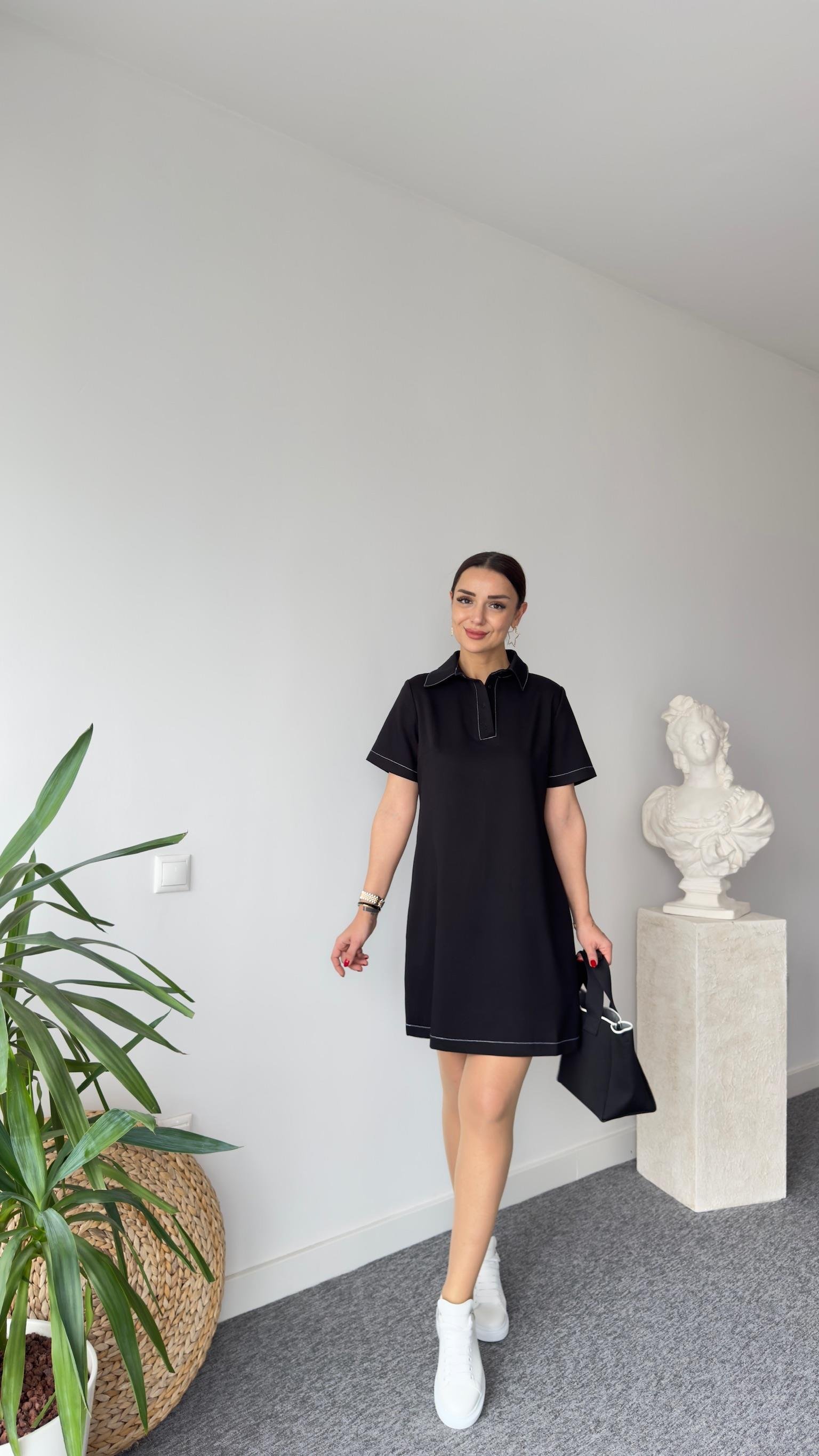Dikiş Detaylı Polo Yaka Siyah Basic Elbise 