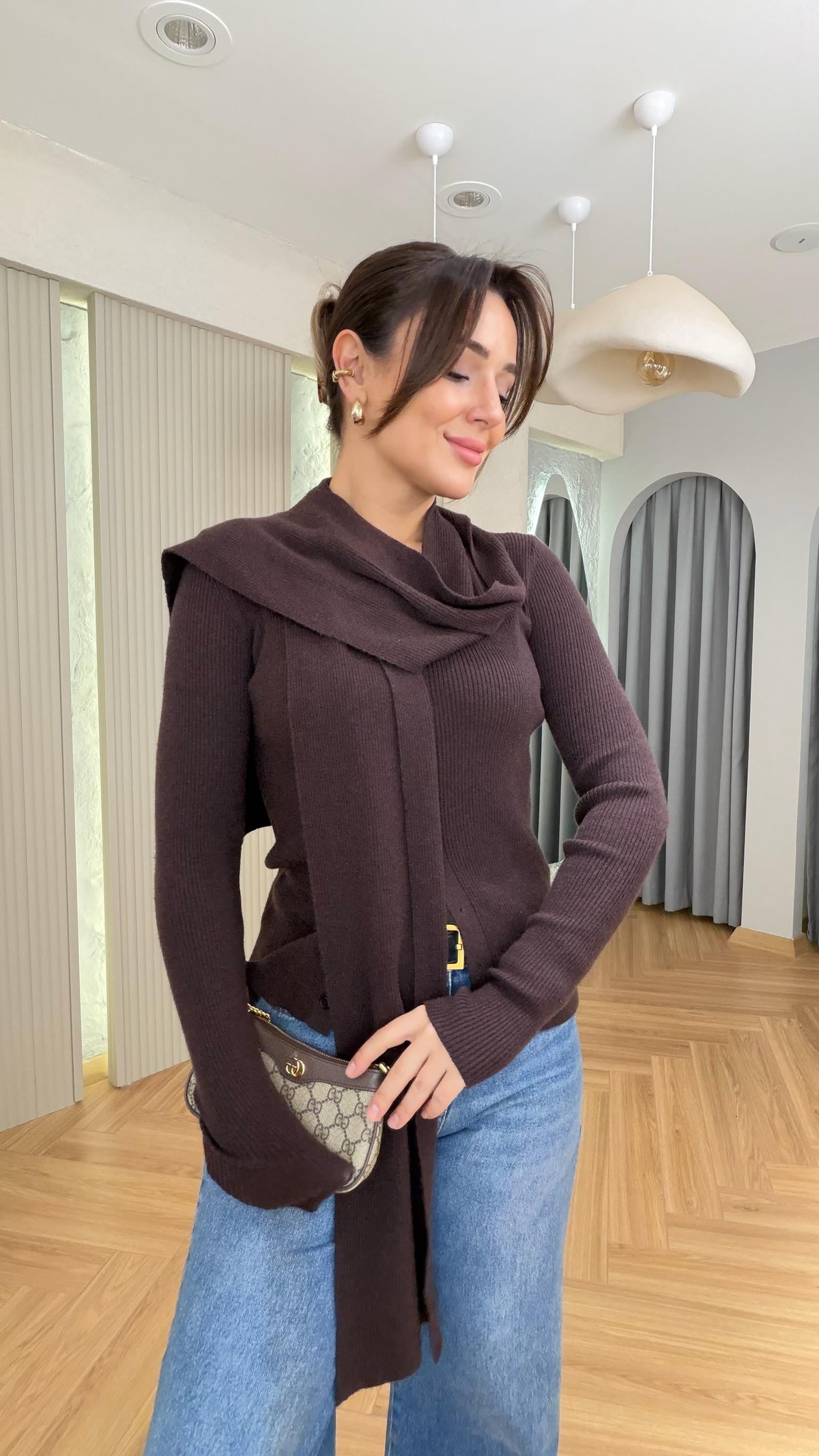 Kahve Palma Zra Model Atkılı Triko Hırka