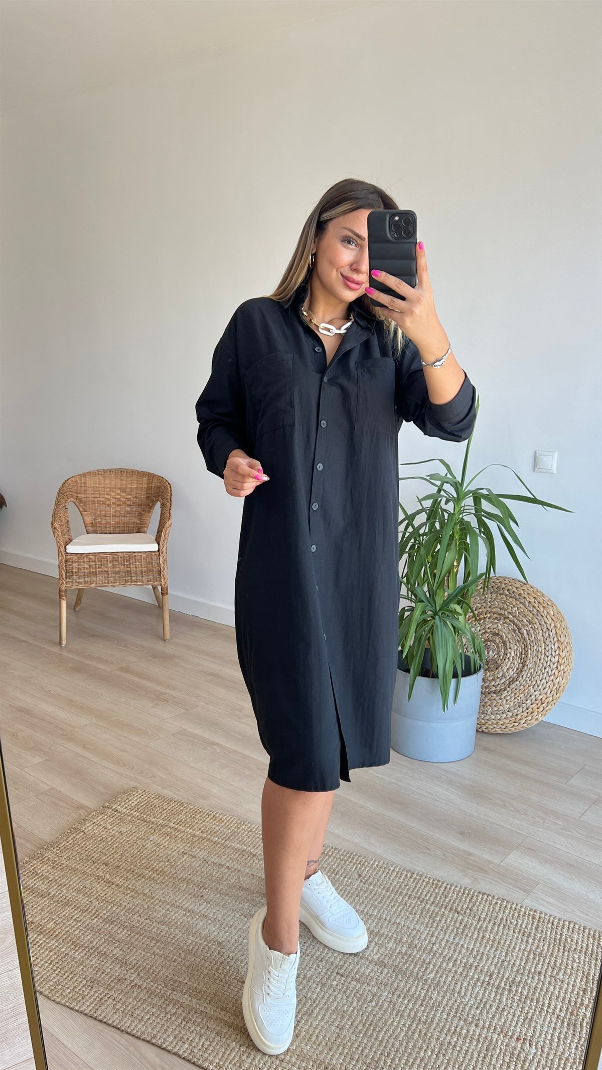 Sırt Pencere Detaylı Oversize Gömlek Elbise 