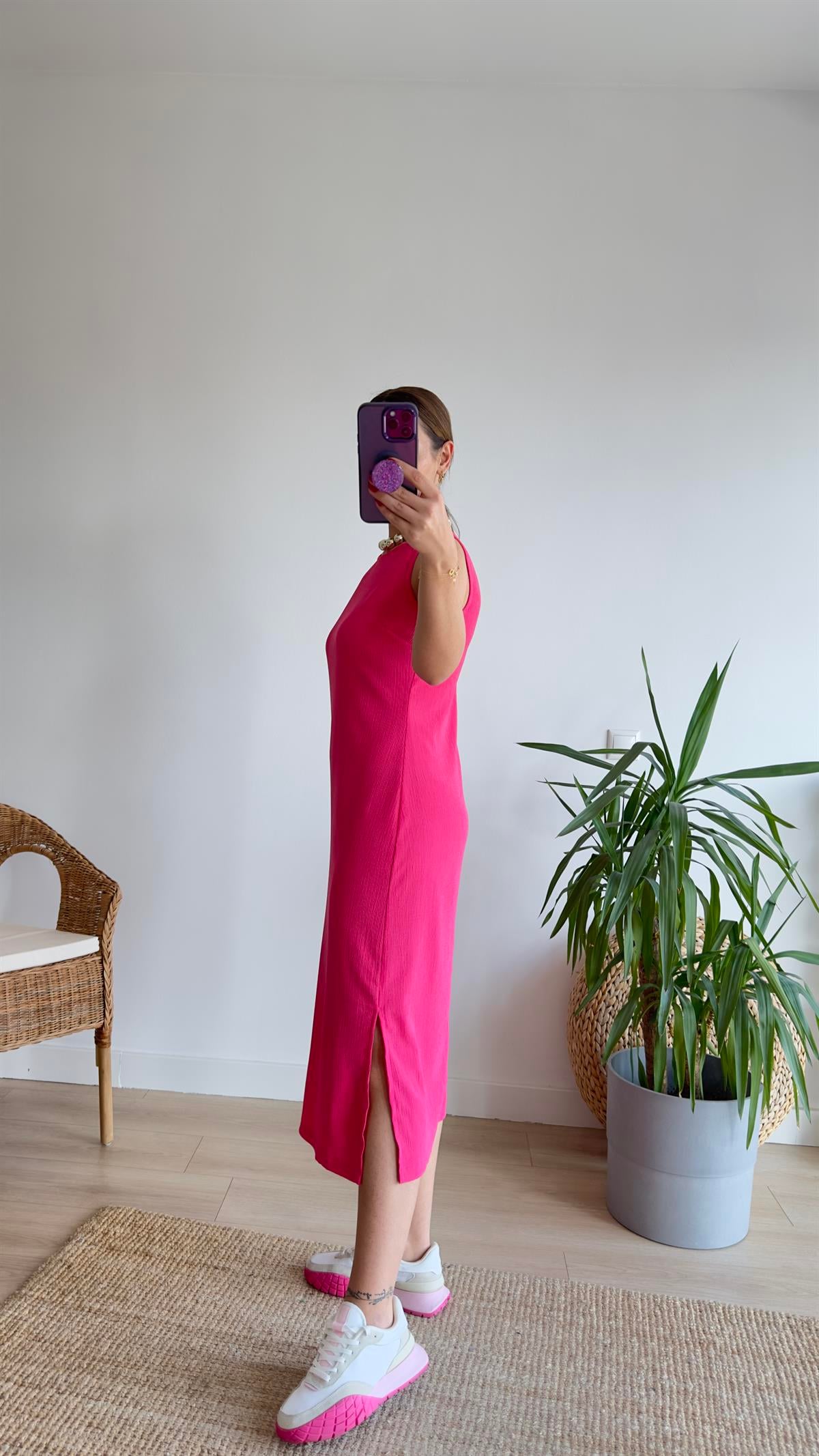 Yırtmaçlı Pembe Basic Elbise