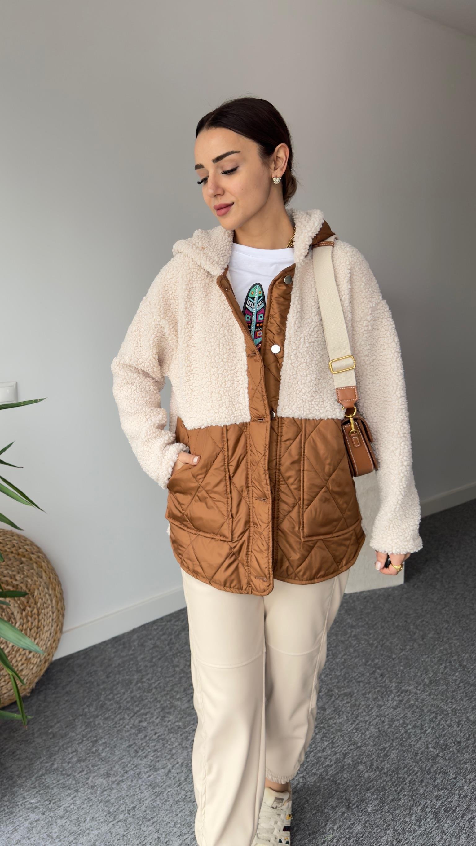 Kahve Kapitone Detaylı Ekru Teddy Ceket