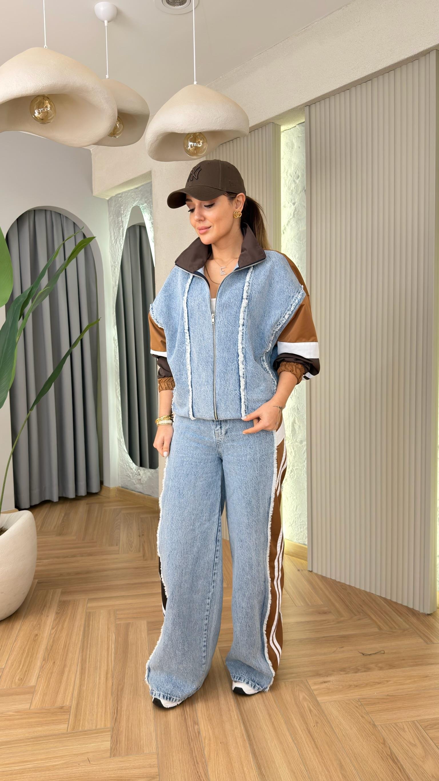 Kahve Porsha Paraşüt Detaylı Tasarım Jean Takım
