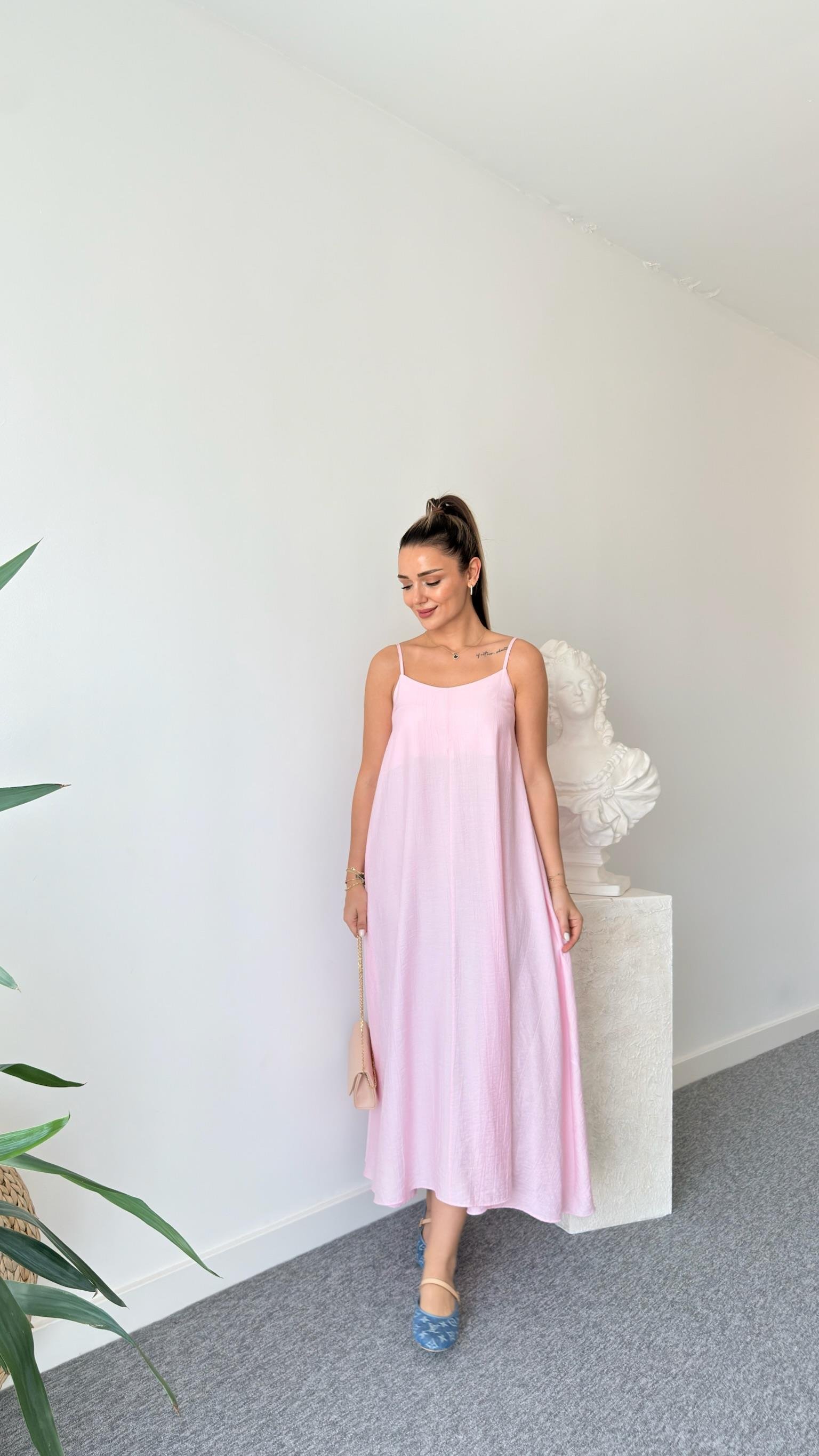 Pembe Ruma Askılı Elbise 