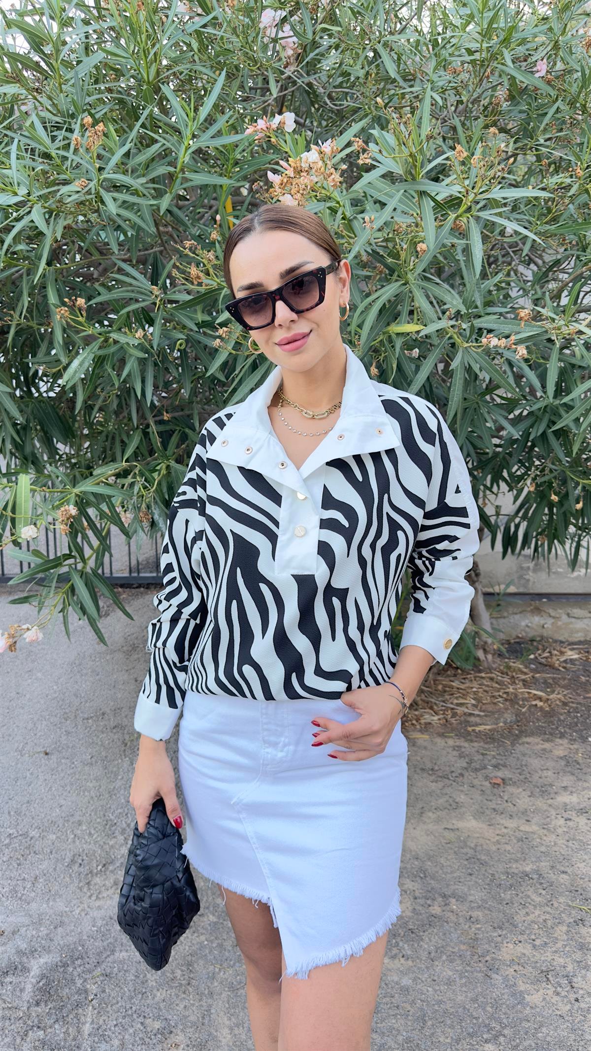 Gold Düğme Zebra Desenli Poplin Sweat