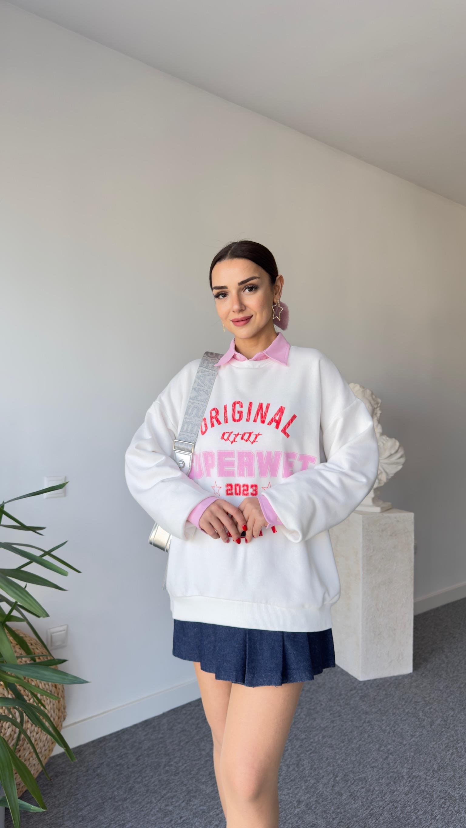 Pembe Superwet Baskı Sweatshirt