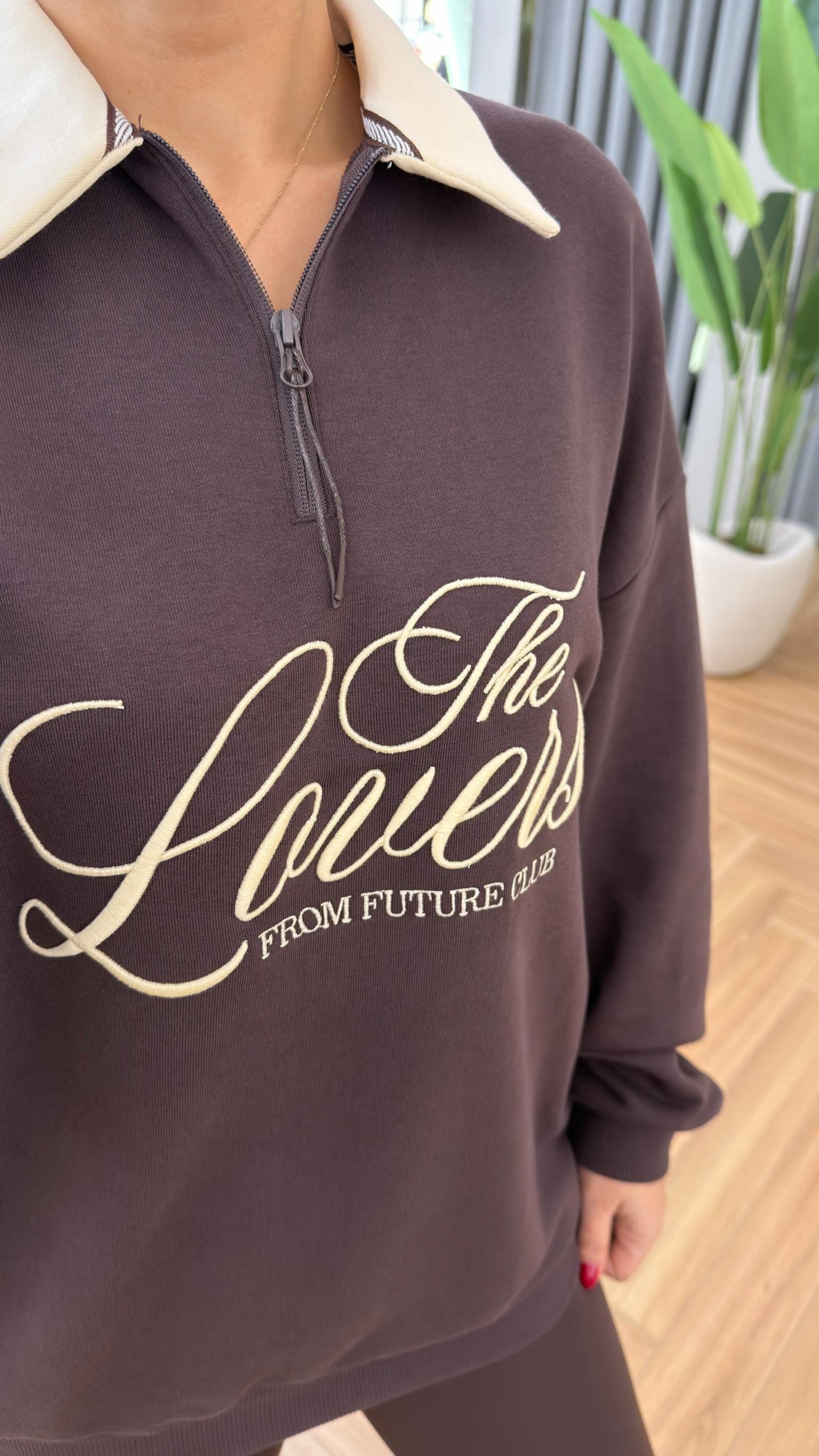 Nakış Yazı Detaylı Yarım Fermuar Kahve Sweatshirt