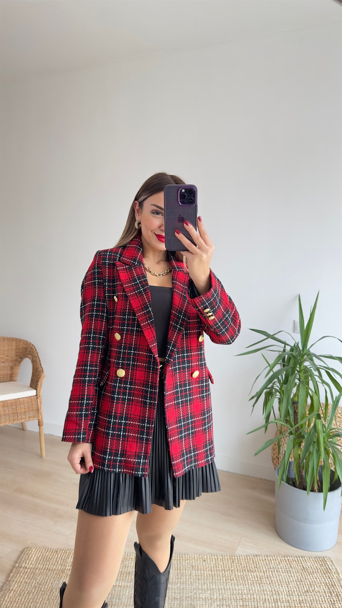 Ekose Desen Gold Düğme Kırmızı Blazer Ceket