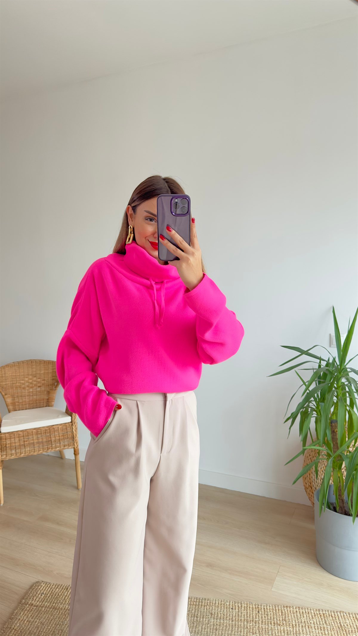 Boğazlı Basic Pembe Triko