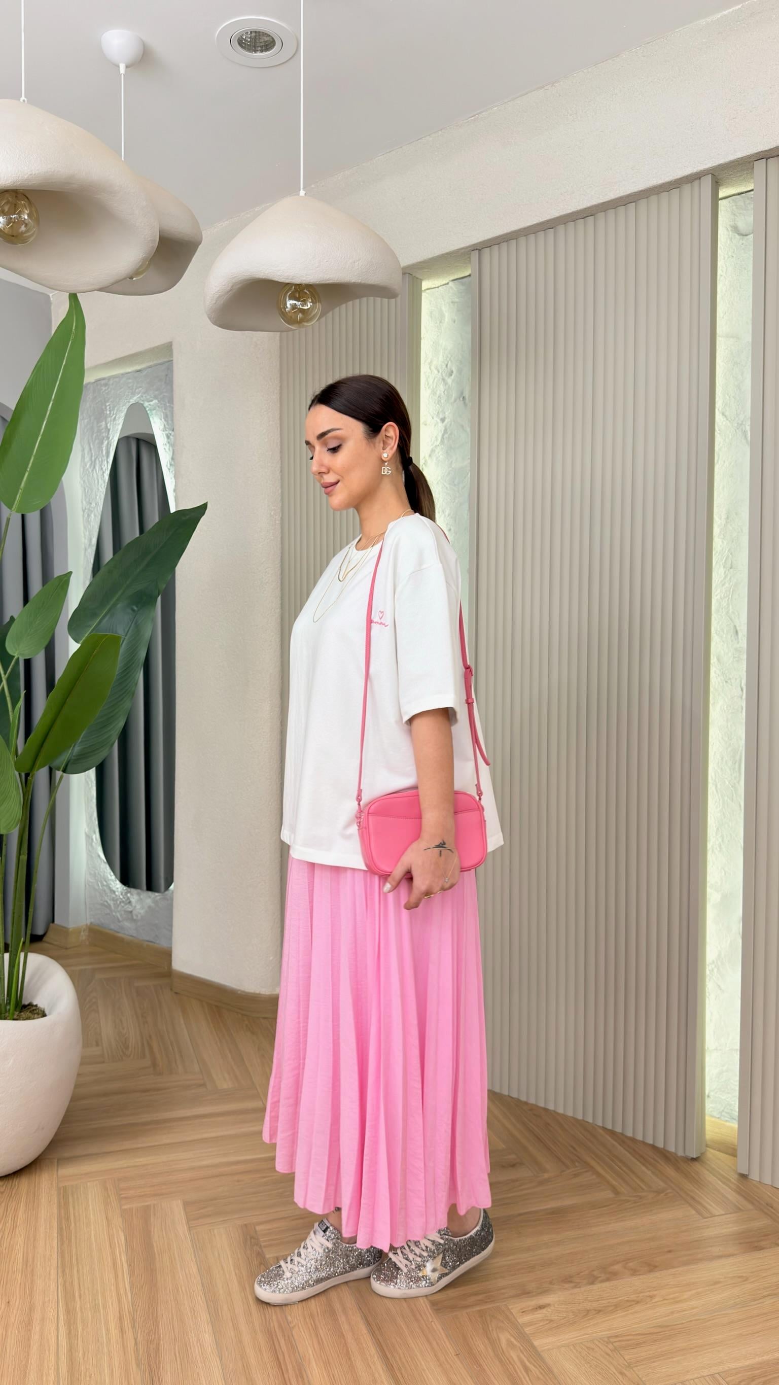 Pembe Miysu Piliseli Etek Tshirt Takım