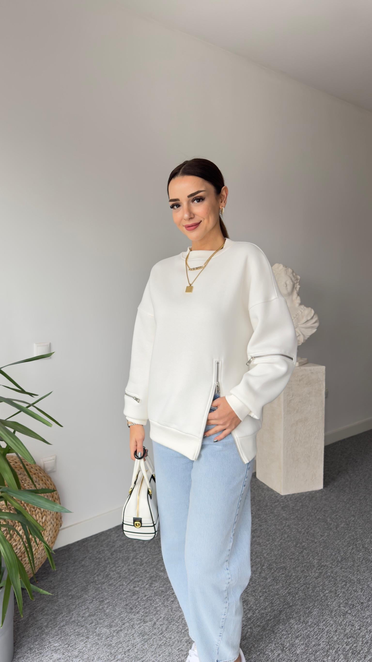 Legra Fermuar Detaylı Beyaz Sweatshirt