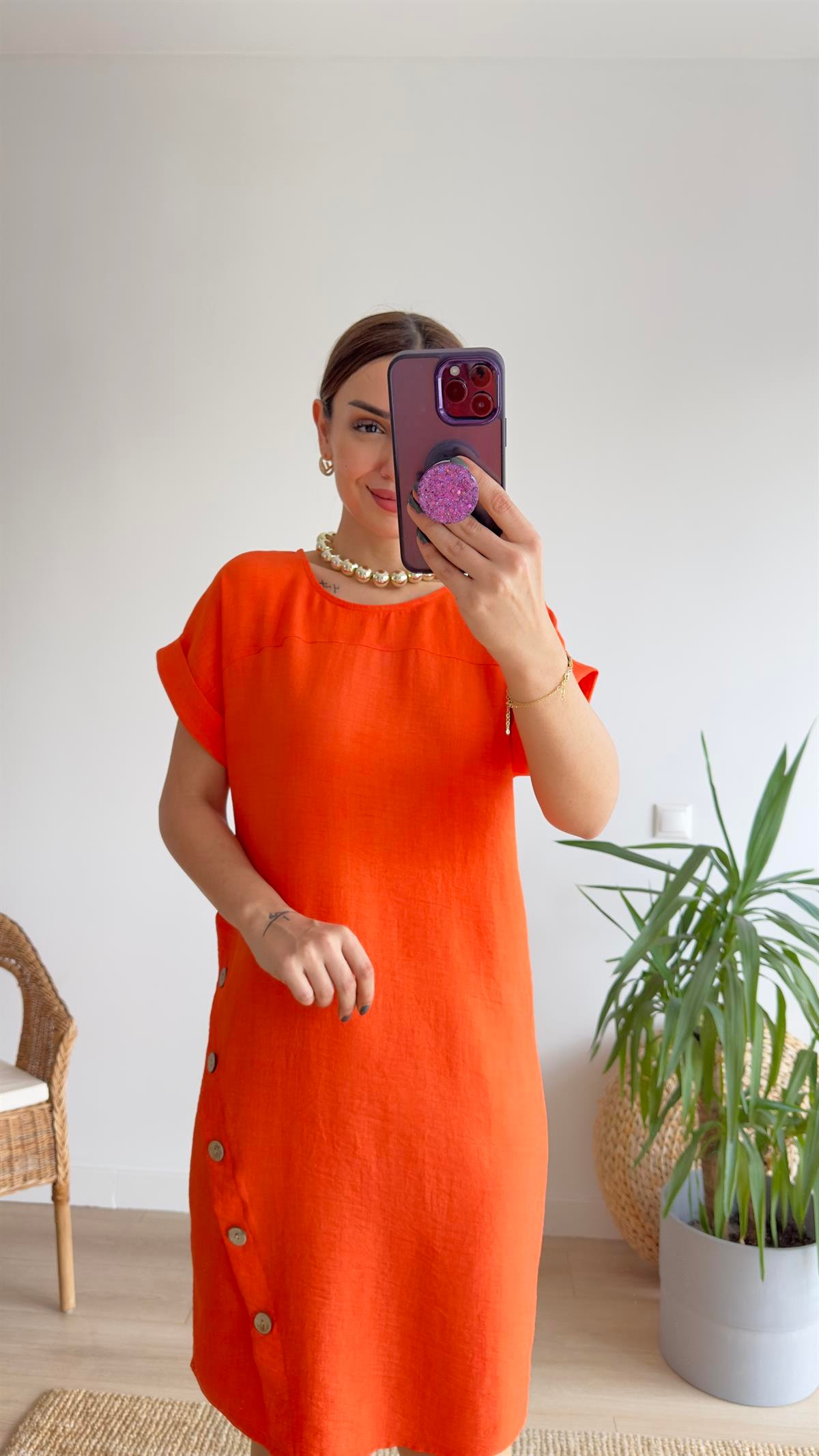 Düğme Detaylı Turuncu Basic Elbise 