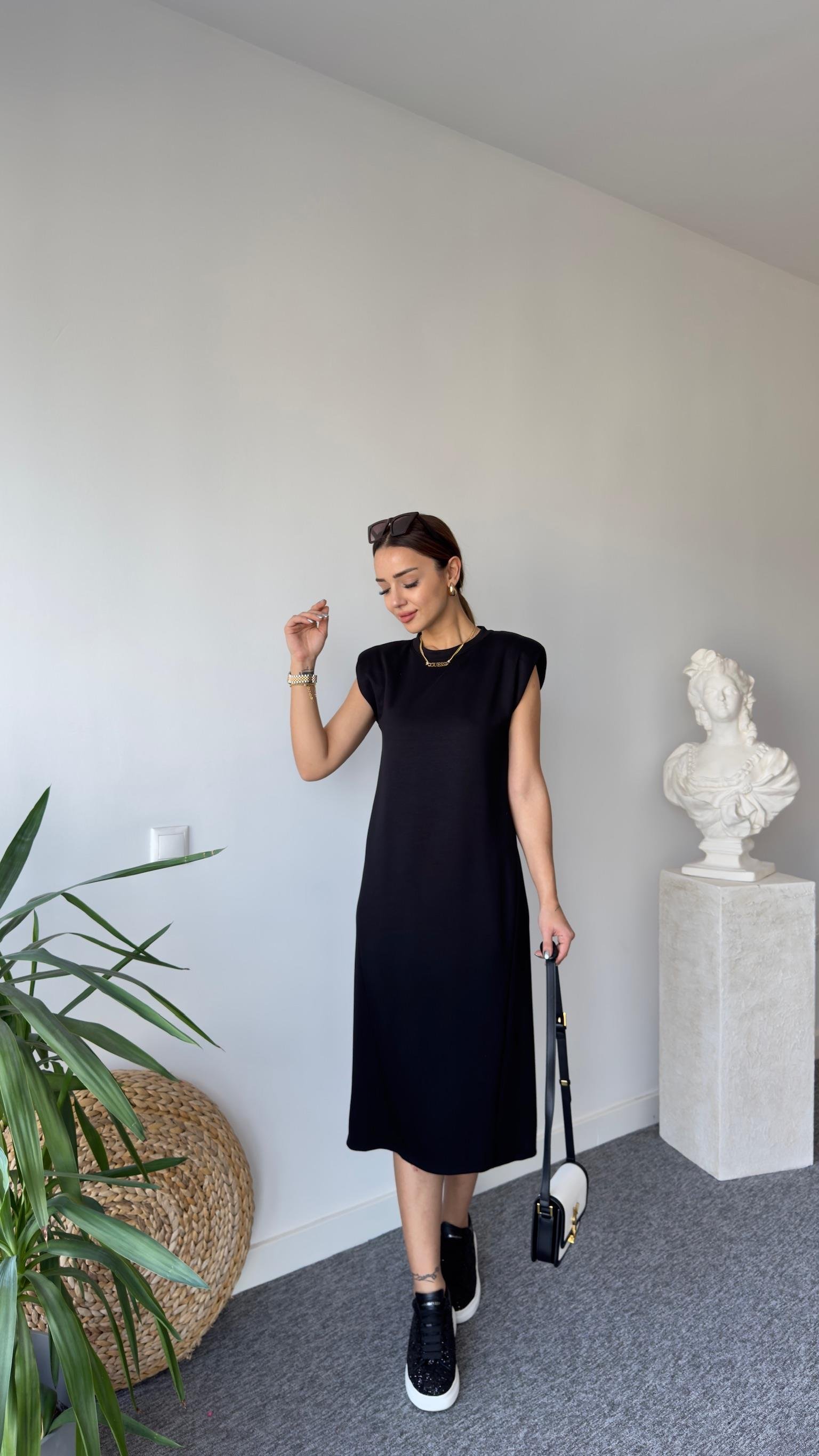 Vatkalı Premıum Siyah Modal Elbise