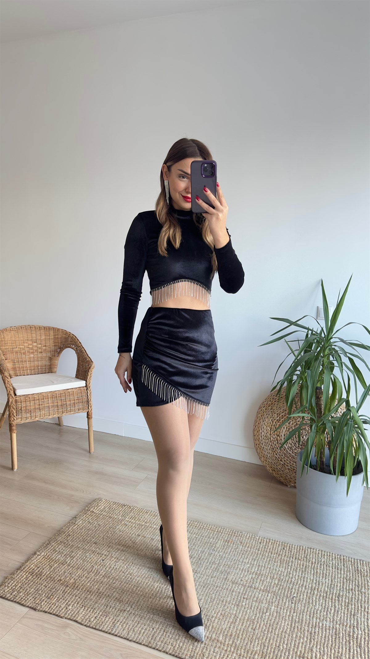 Taşlı Kadife Etek 