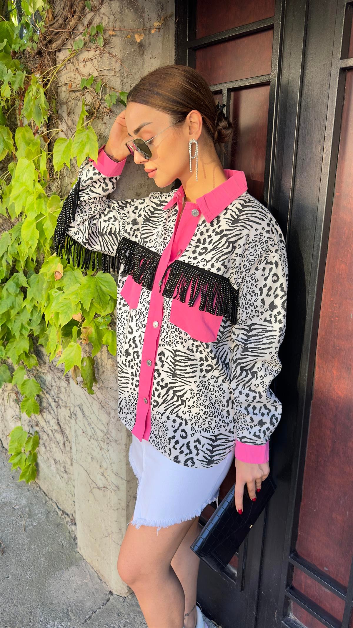 Pembe Cep Detay Zebra Desenli Ceket