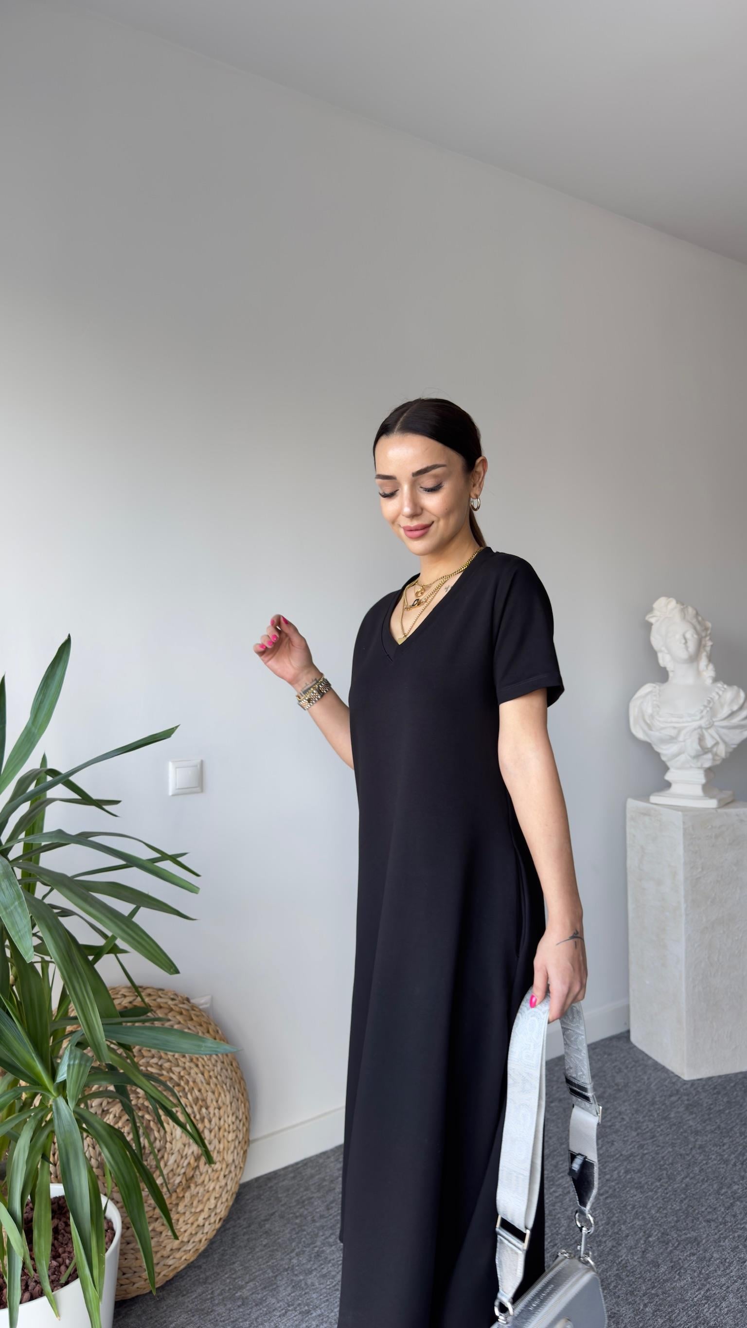 Siyah V Yaka Cepli Basic Elbise 