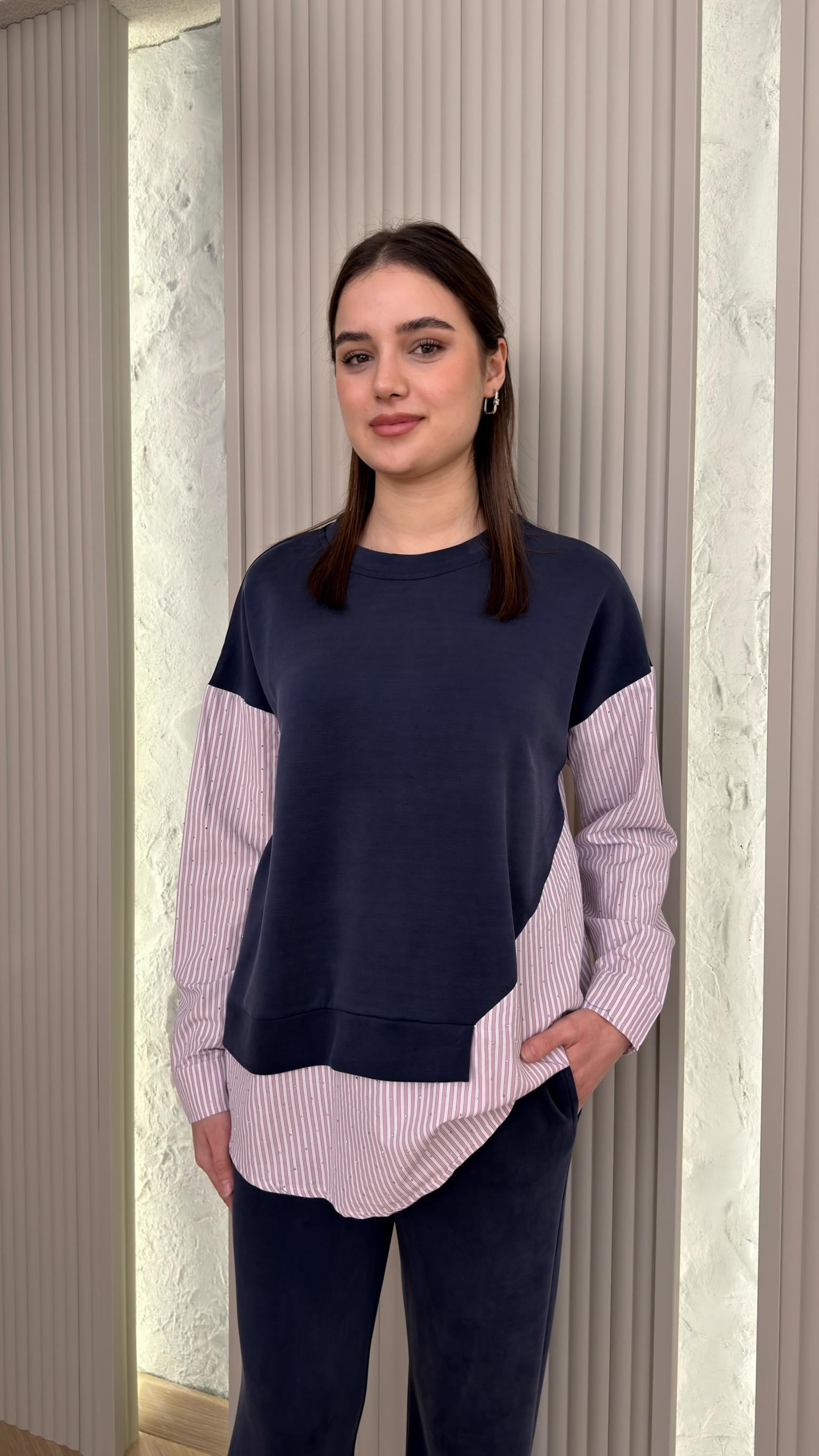 Pembe Taşlı Poplin Garnili Modal Takım