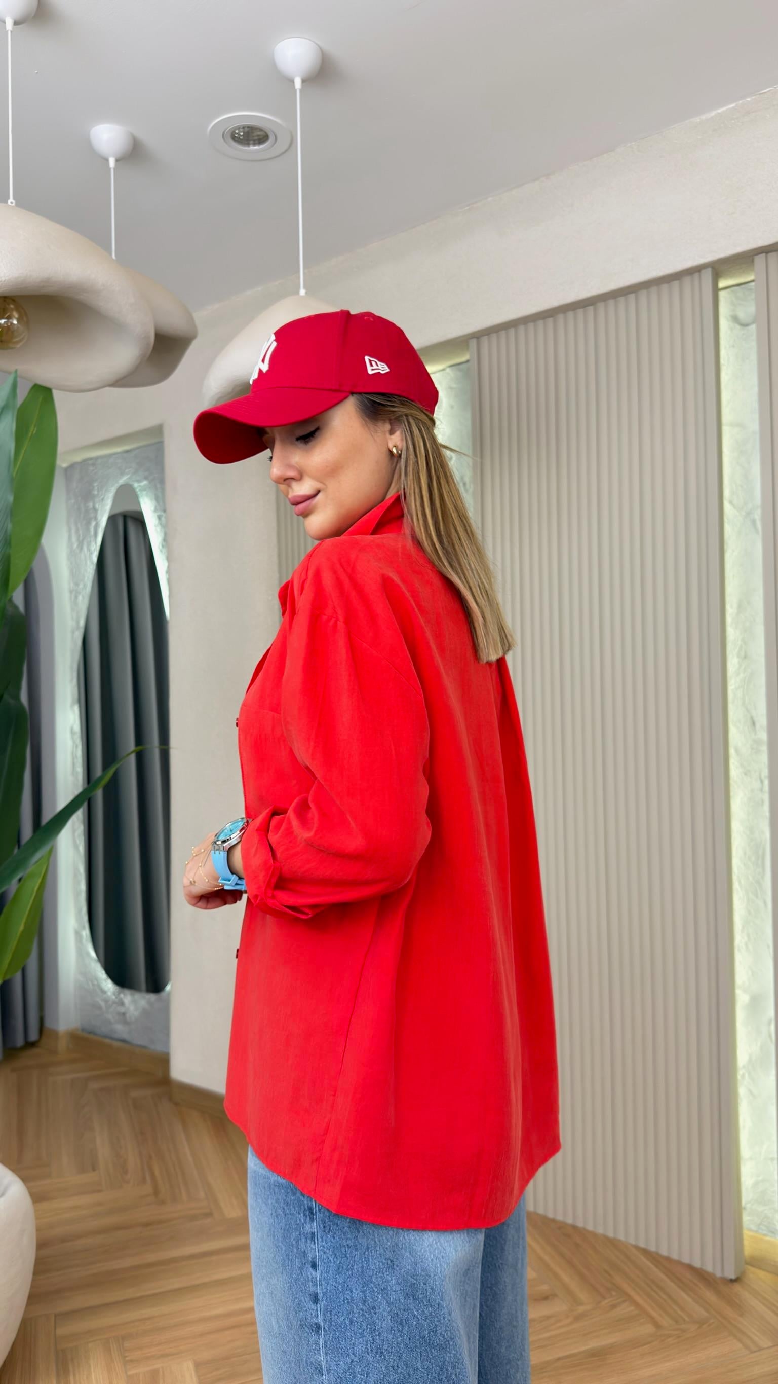 Kırmızı Flara Oversize Tensel Gömlek