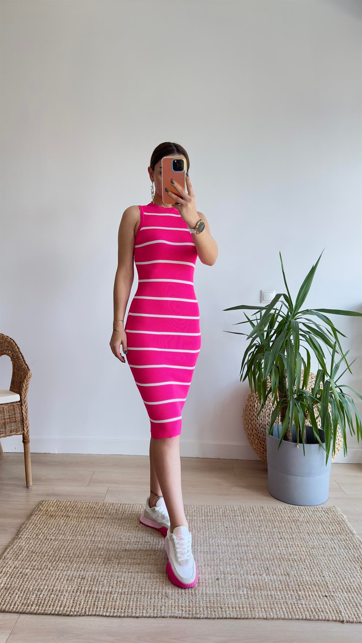 Nisen Kolsuz Çizgili Pembe Triko Elbise 