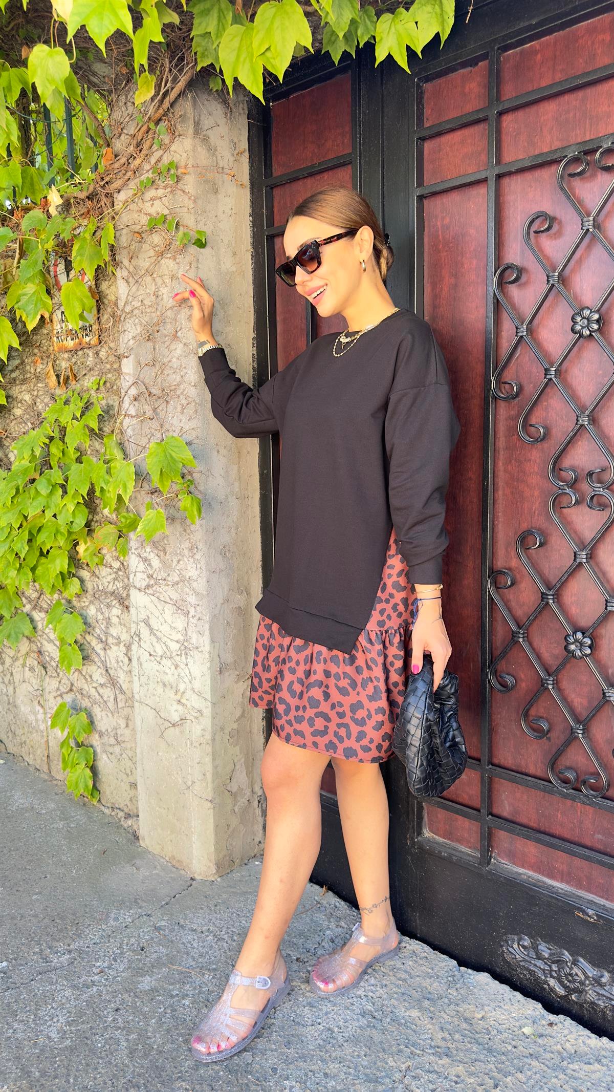 Leopar Detaylı Sweat Elbise