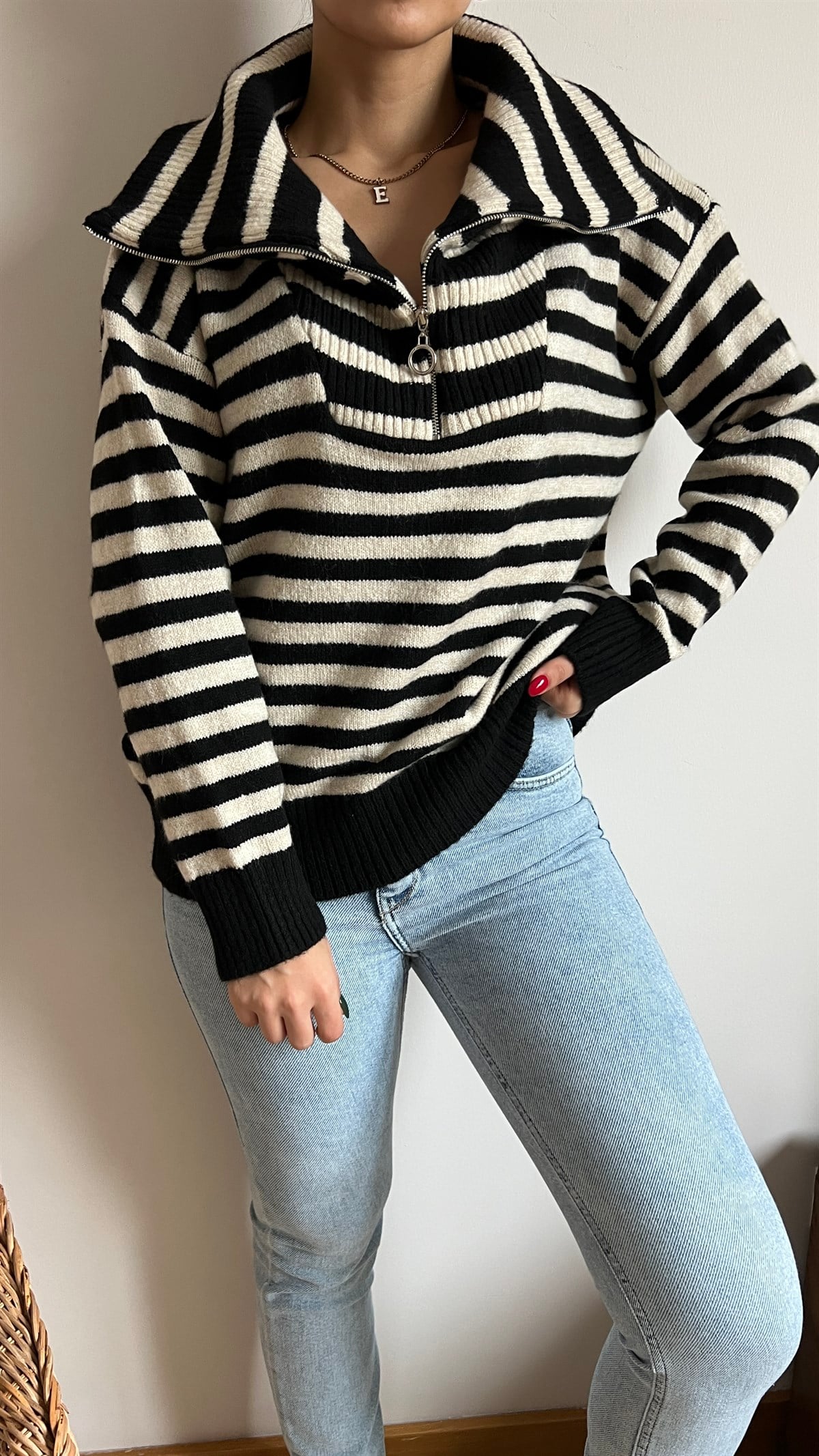 Zara Model Çizgili Yarım Fermuar Kazak