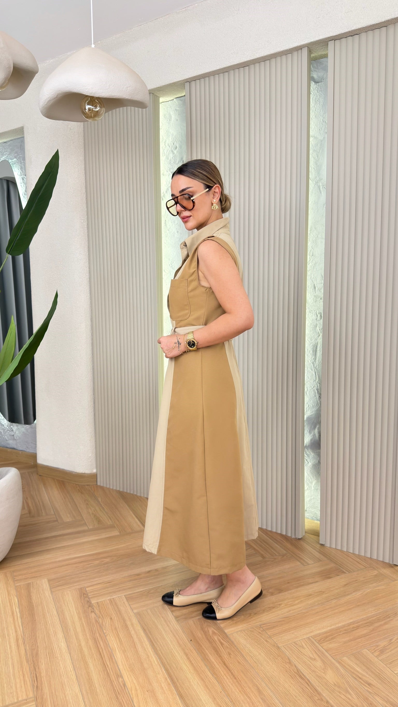 Gisel Cep Detaylı Kuşaklı Kontrast Elbise